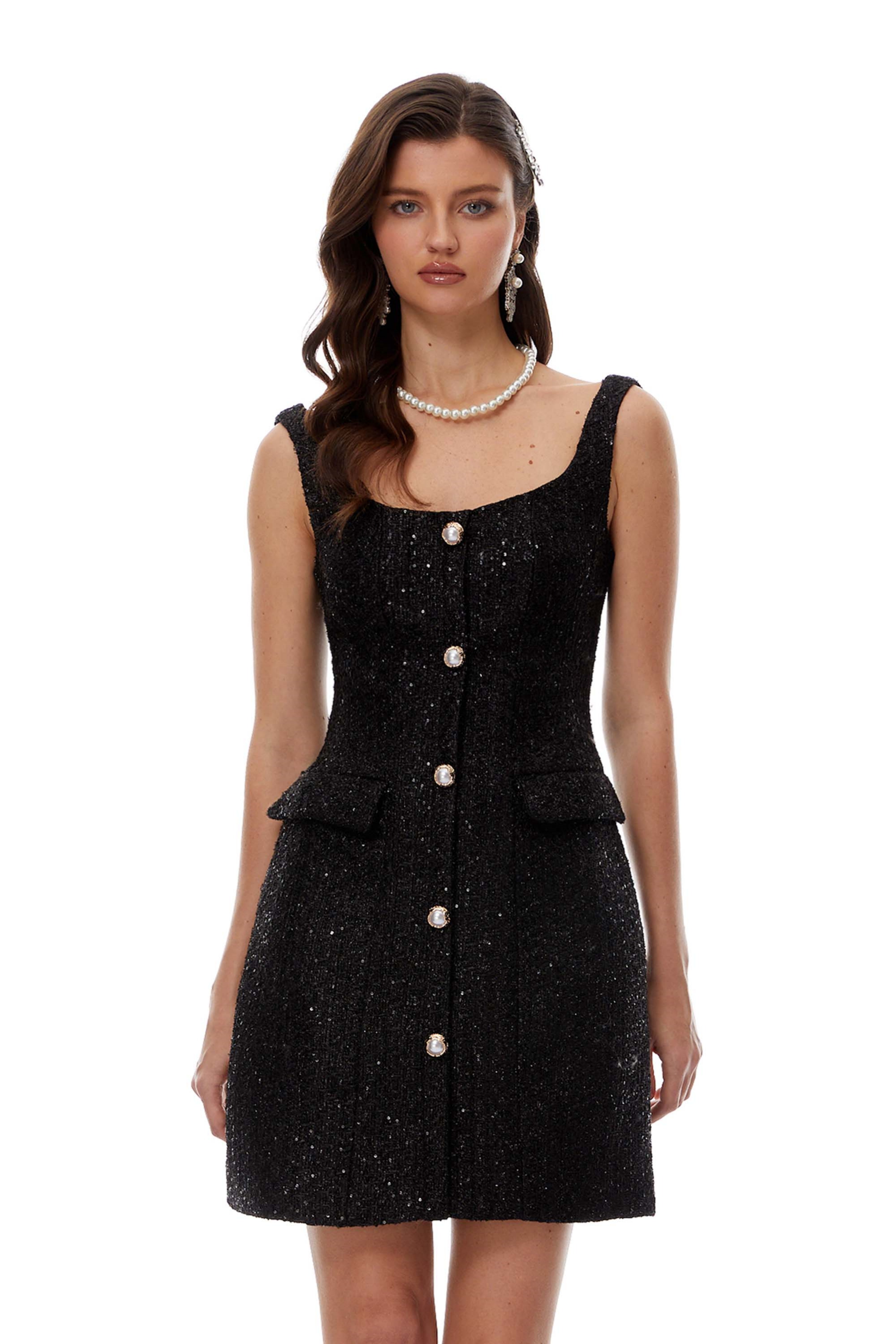 Arna Black Square Neck Tweed Mini Dress