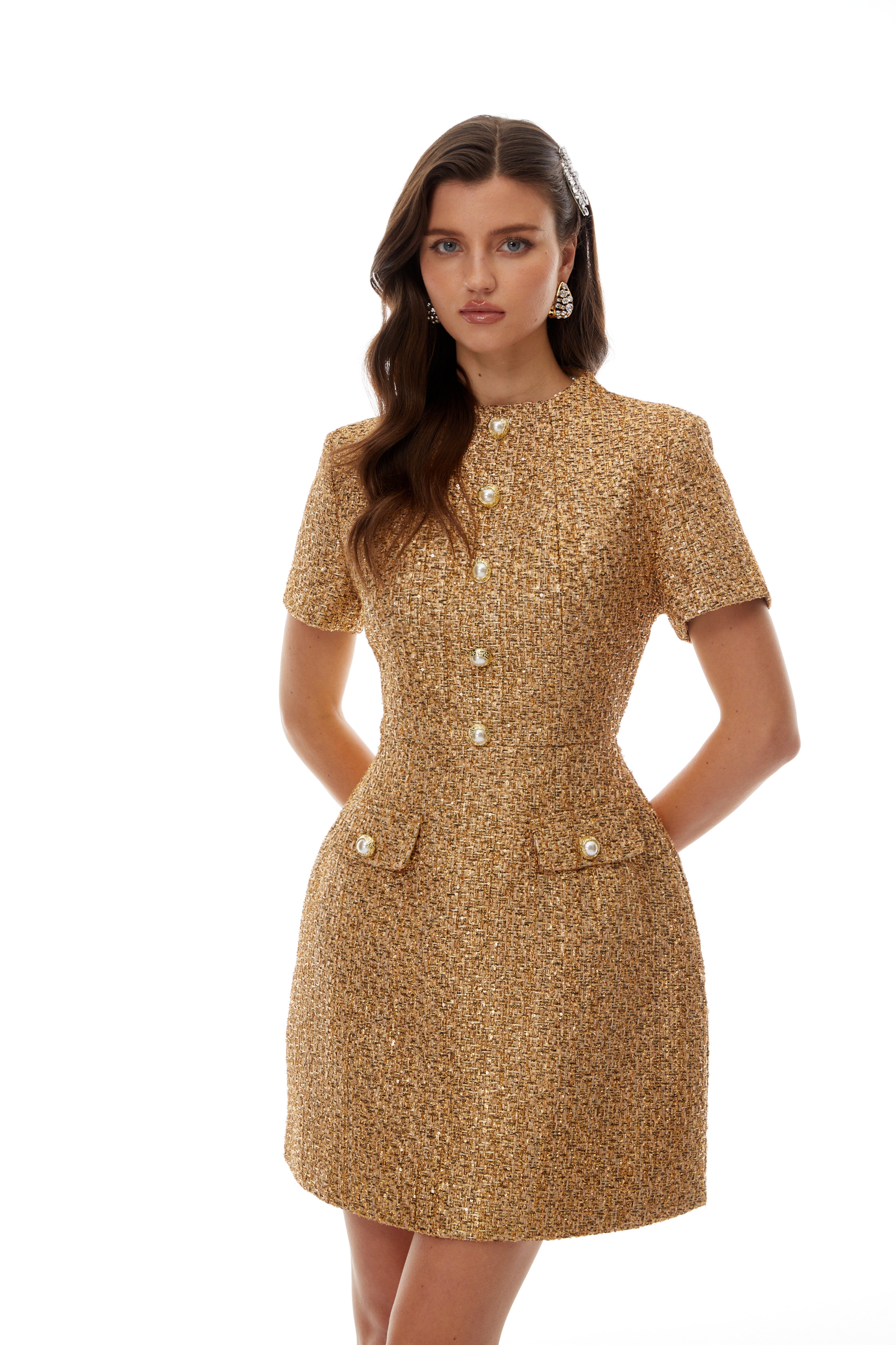 Gold bouclé mini dress with pearl detailing