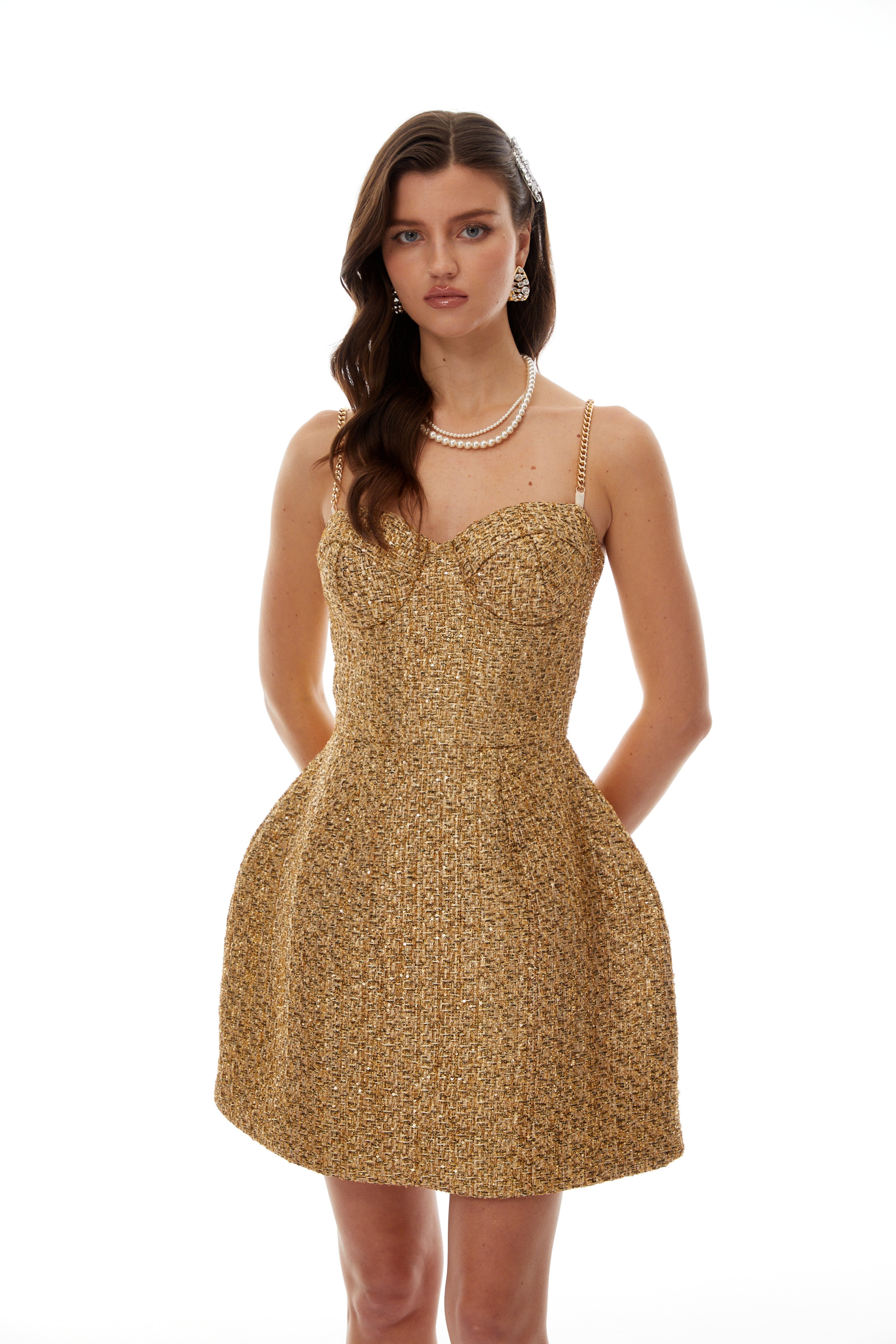 Arna Gold Sweetheart Neckline Tweed Mini Dress