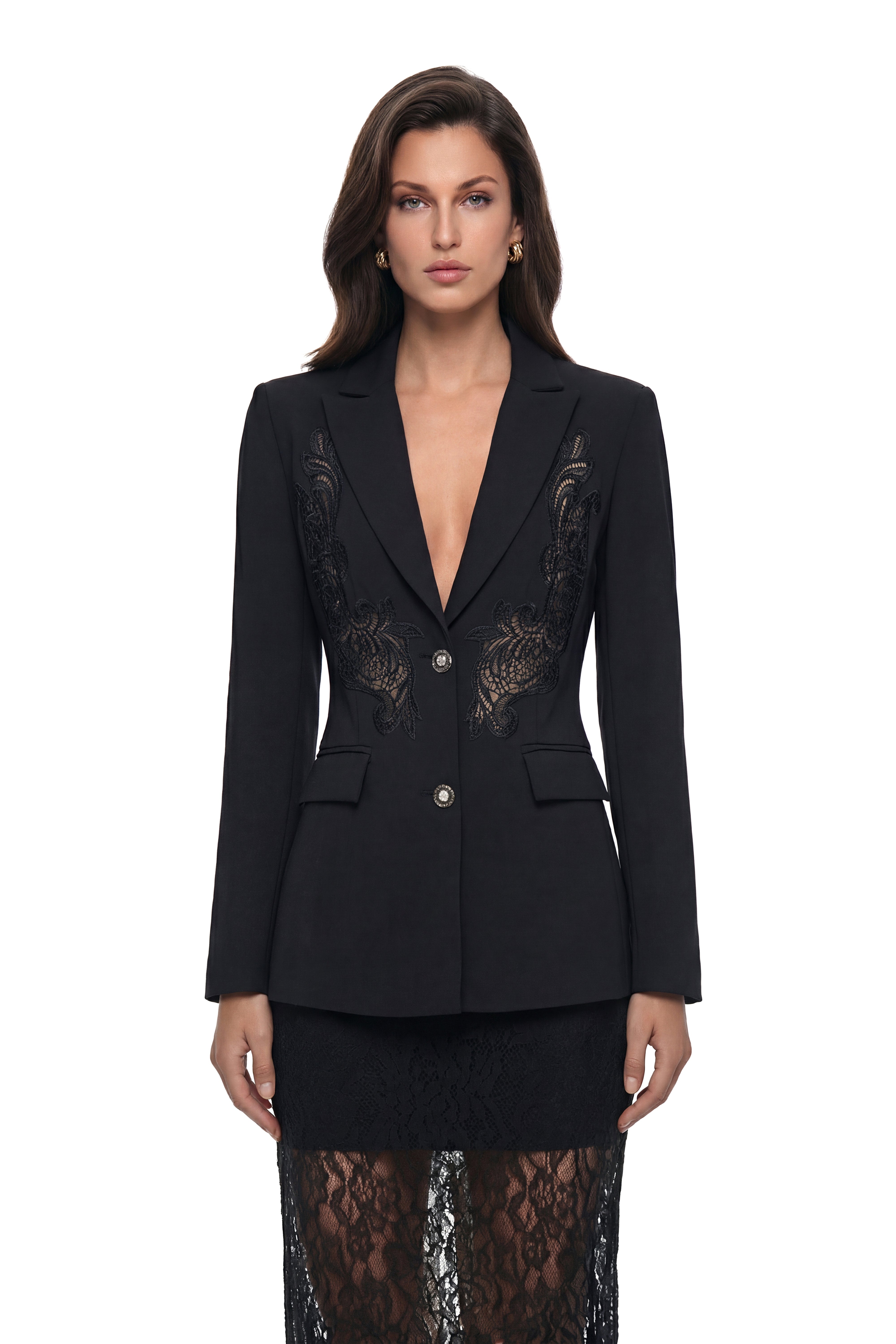Blazer noir en dentelle brodée