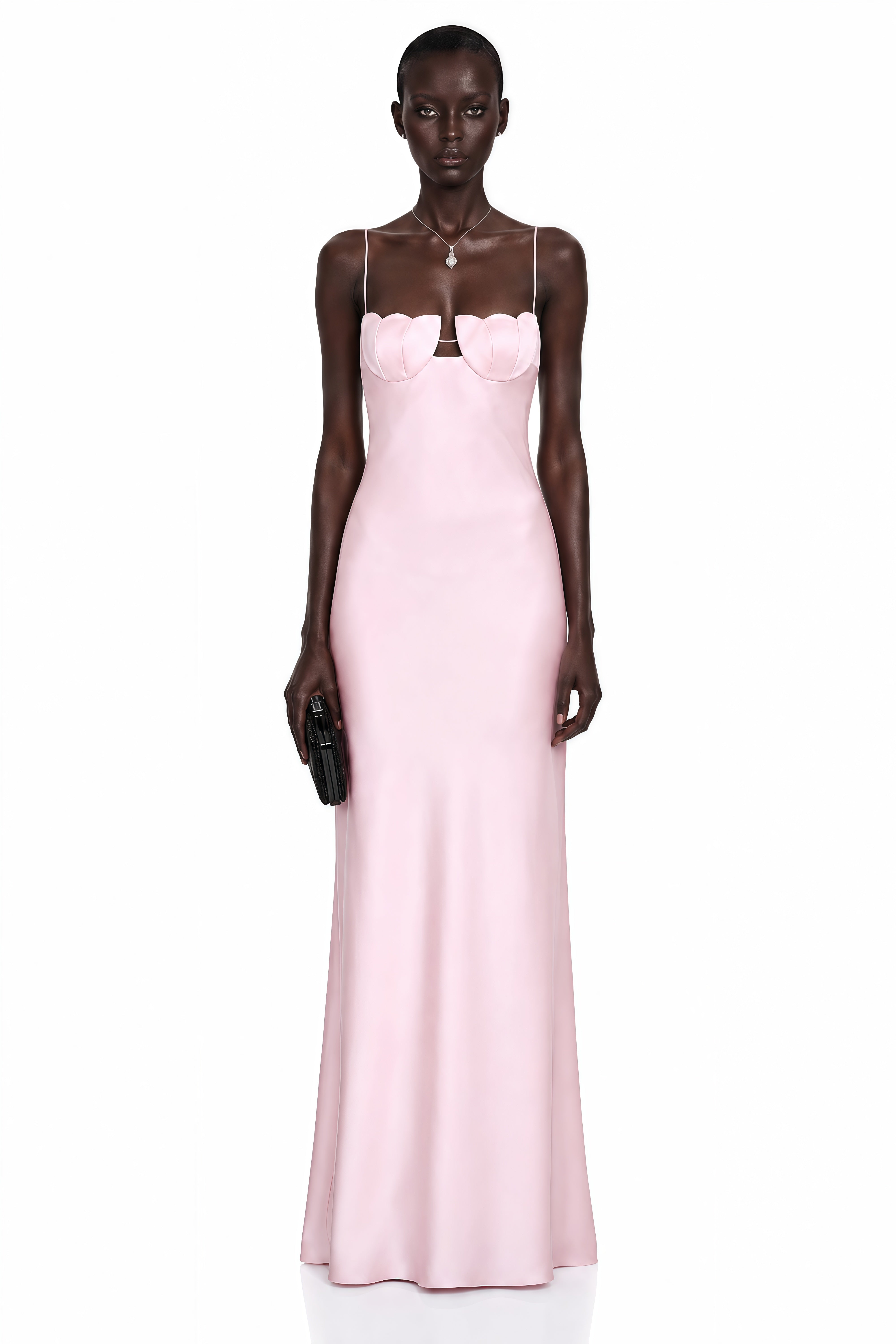Asel Pink Maxi Dress with Floral Neckline
