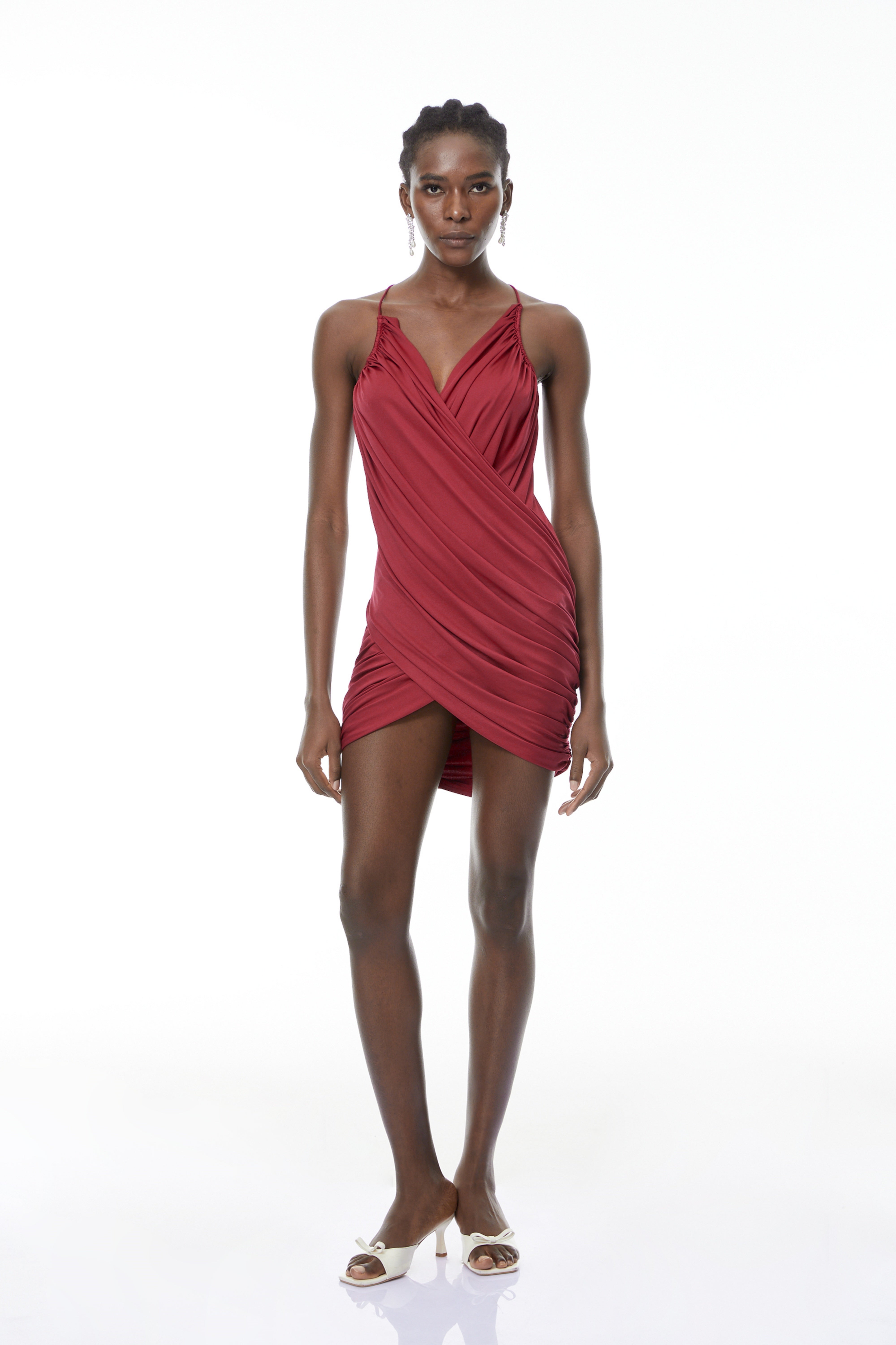 Astrid Burgundy V-Neck Draped Mini Dress
