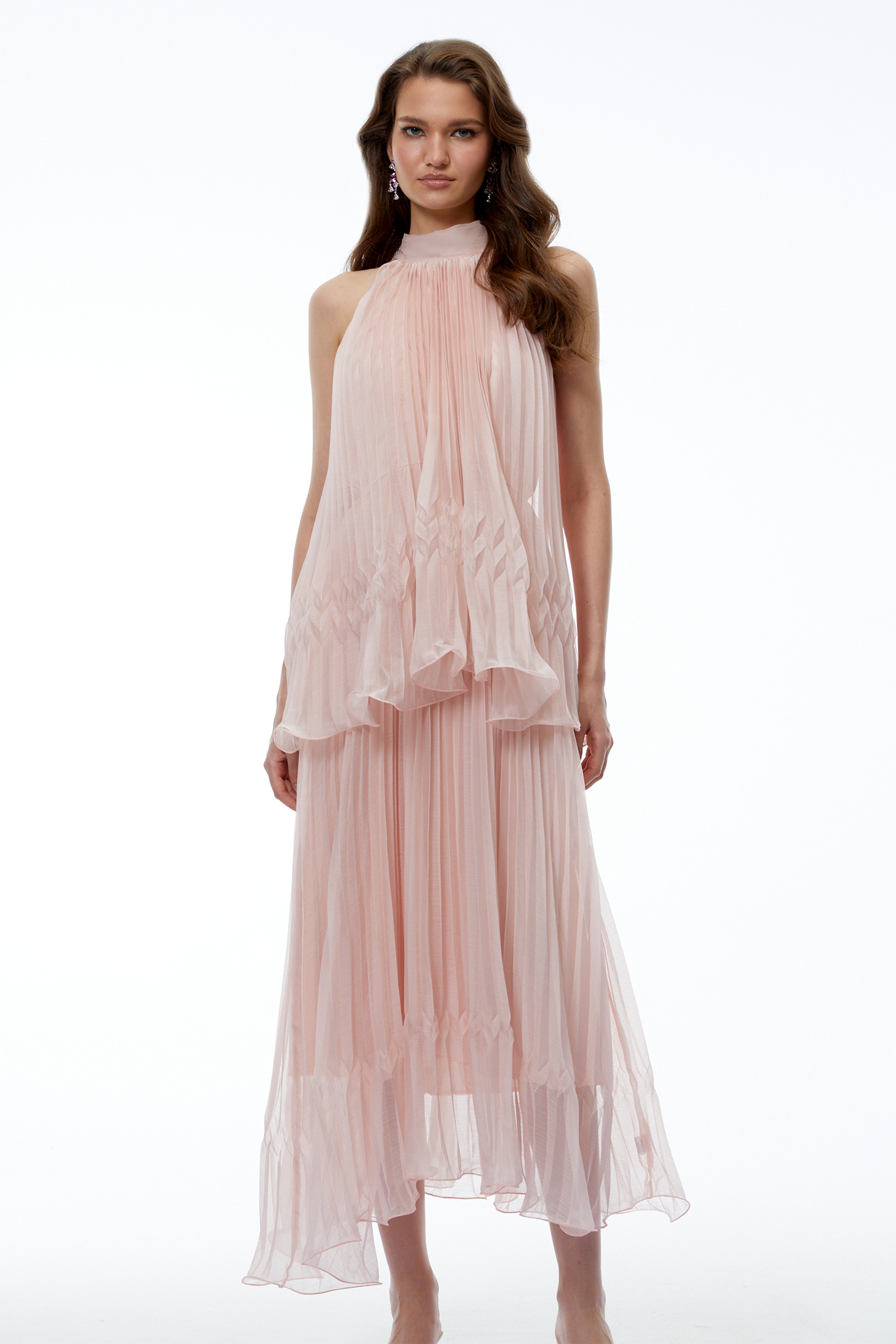 Robe mi-longue plissée sans manches rose Atawhai