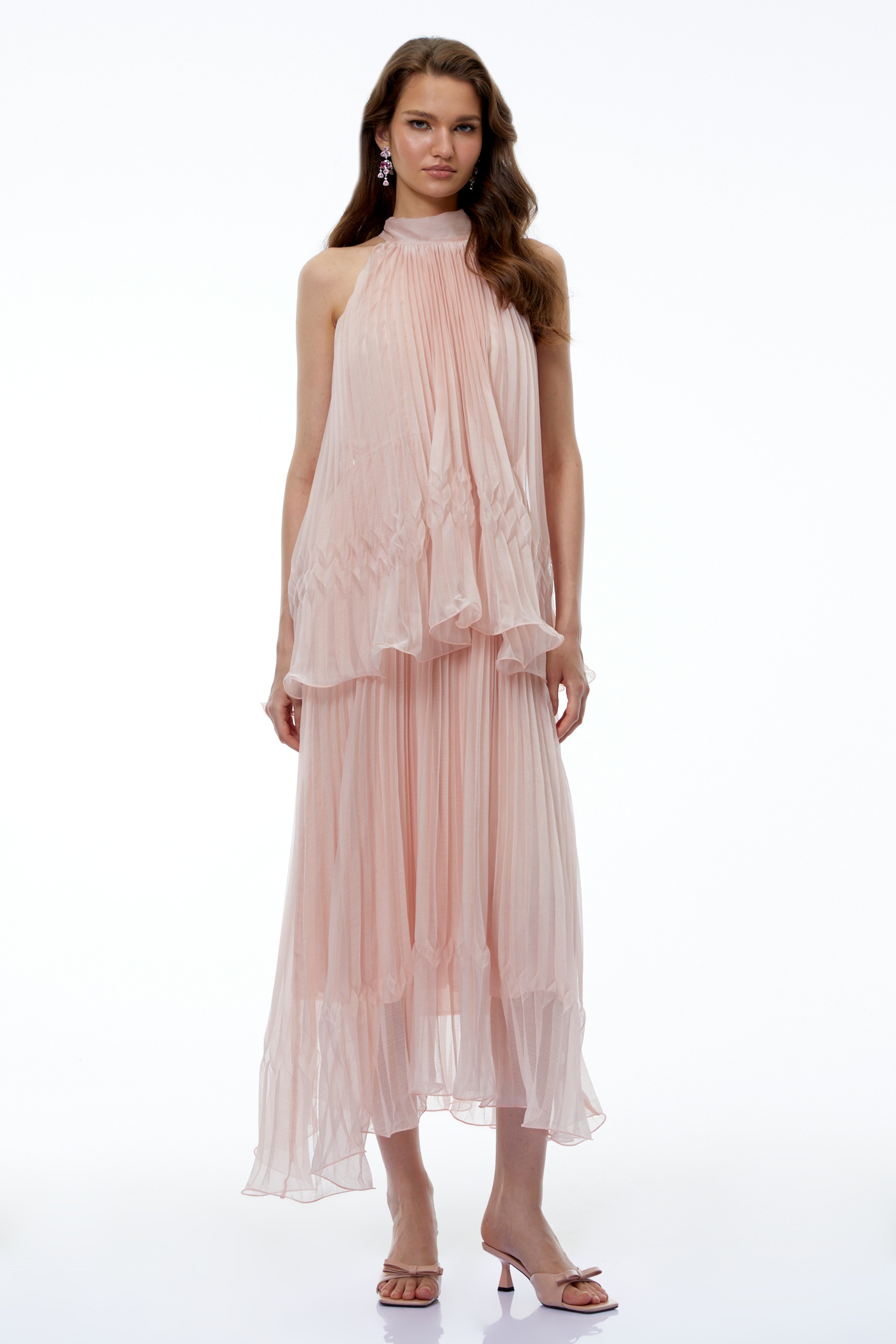 Robe mi-longue plissée sans manches rose Atawhai