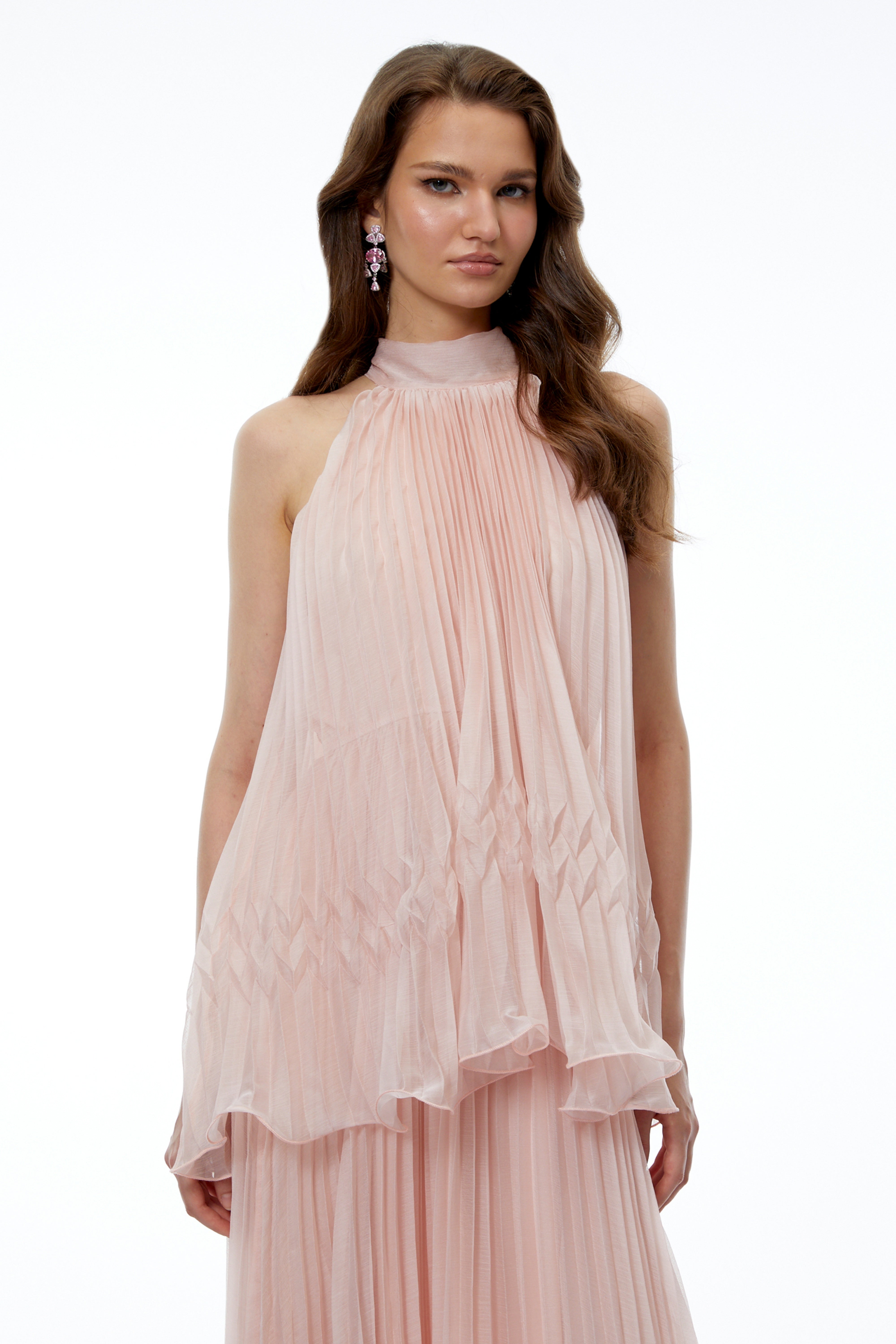 Robe mi-longue plissée sans manches rose Atawhai