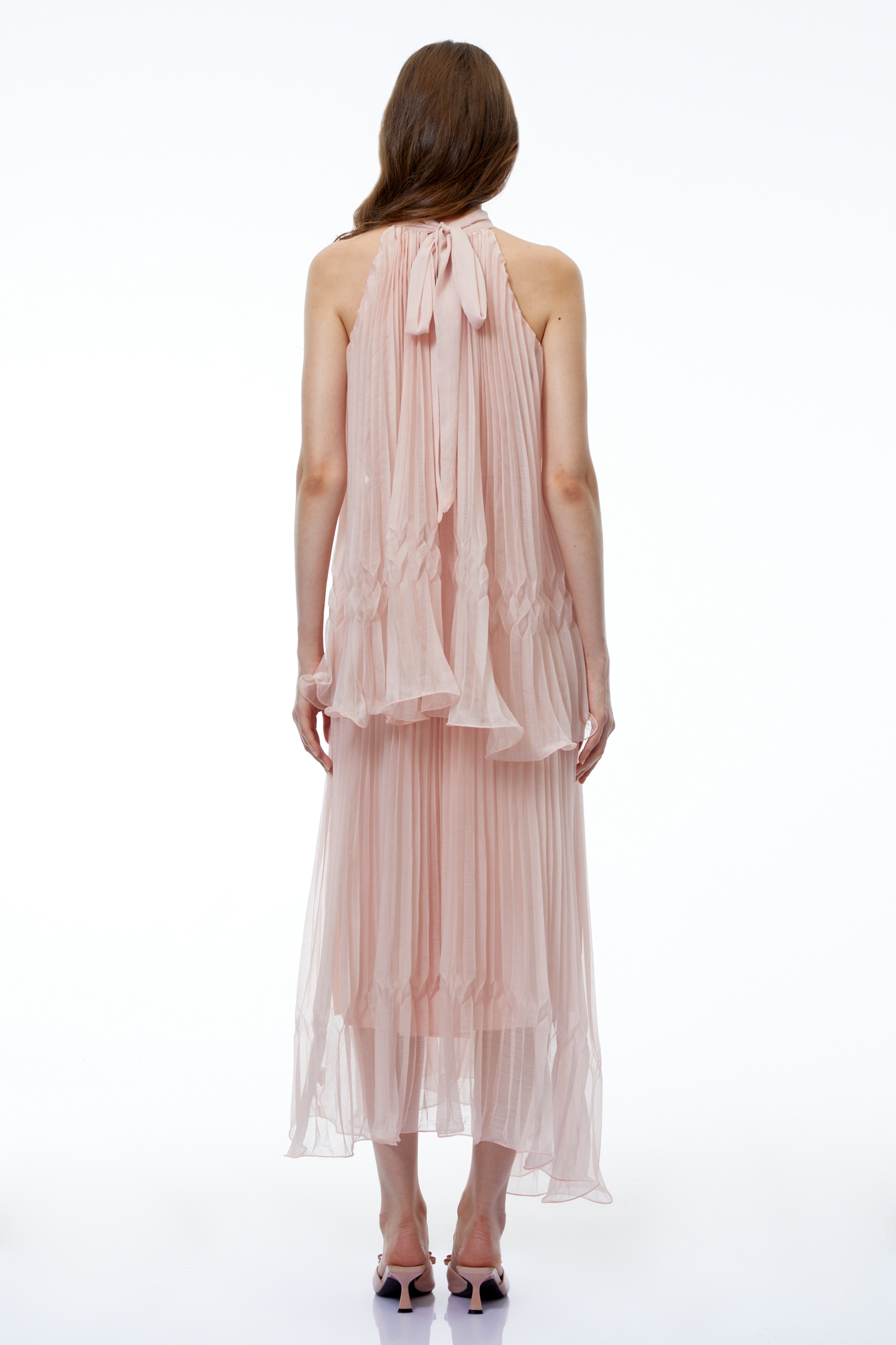 Robe mi-longue plissée sans manches rose Atawhai