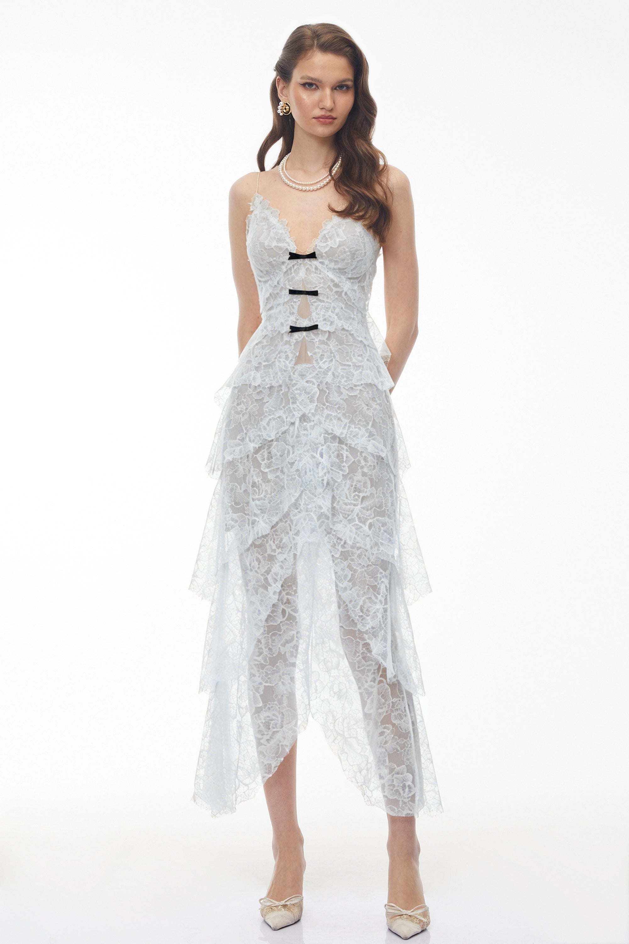 Atousa Blue Layered Floral Lace Maxi Dress with Bow