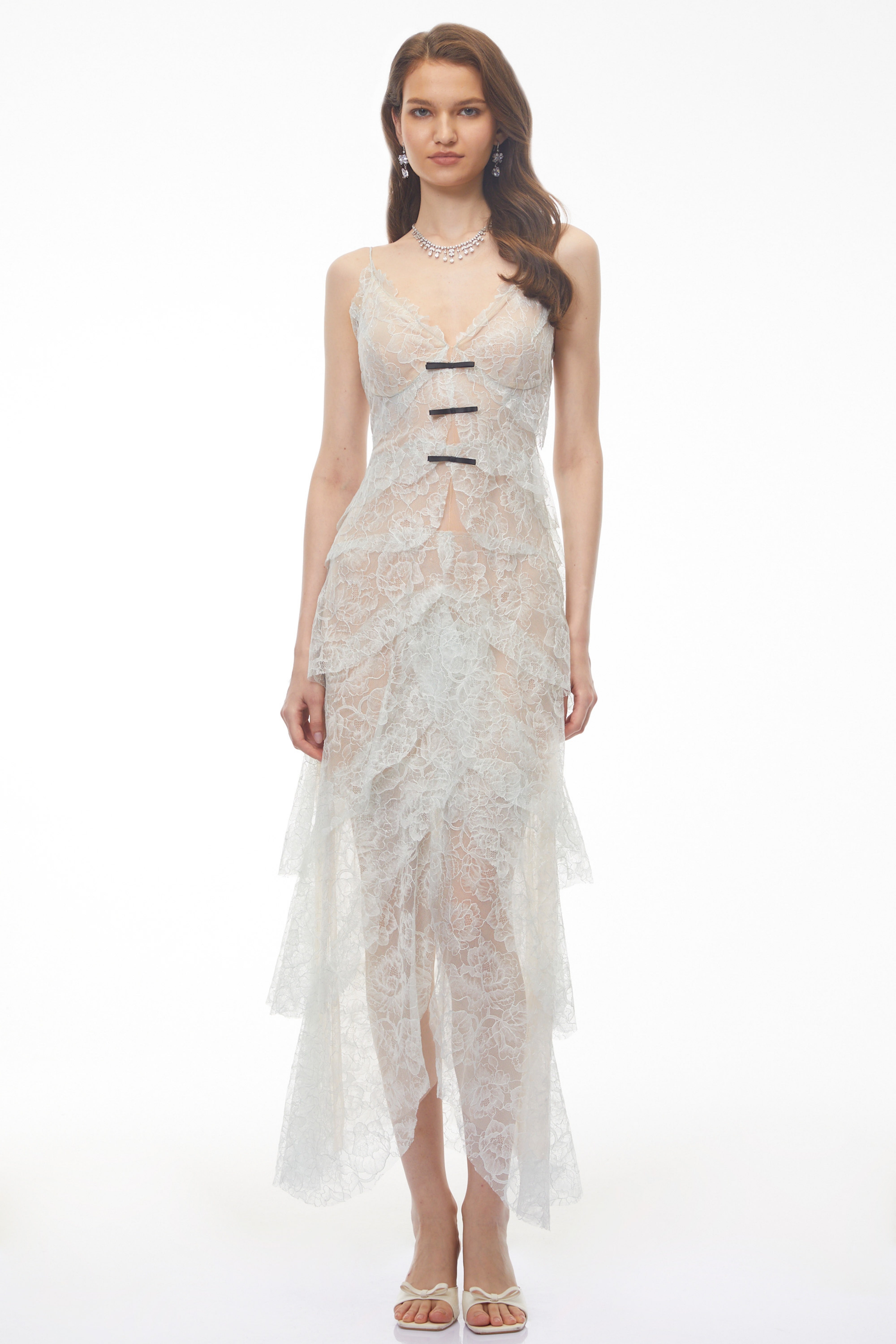 Atousa Blue Layered Floral Lace Maxi Dress with Bow
