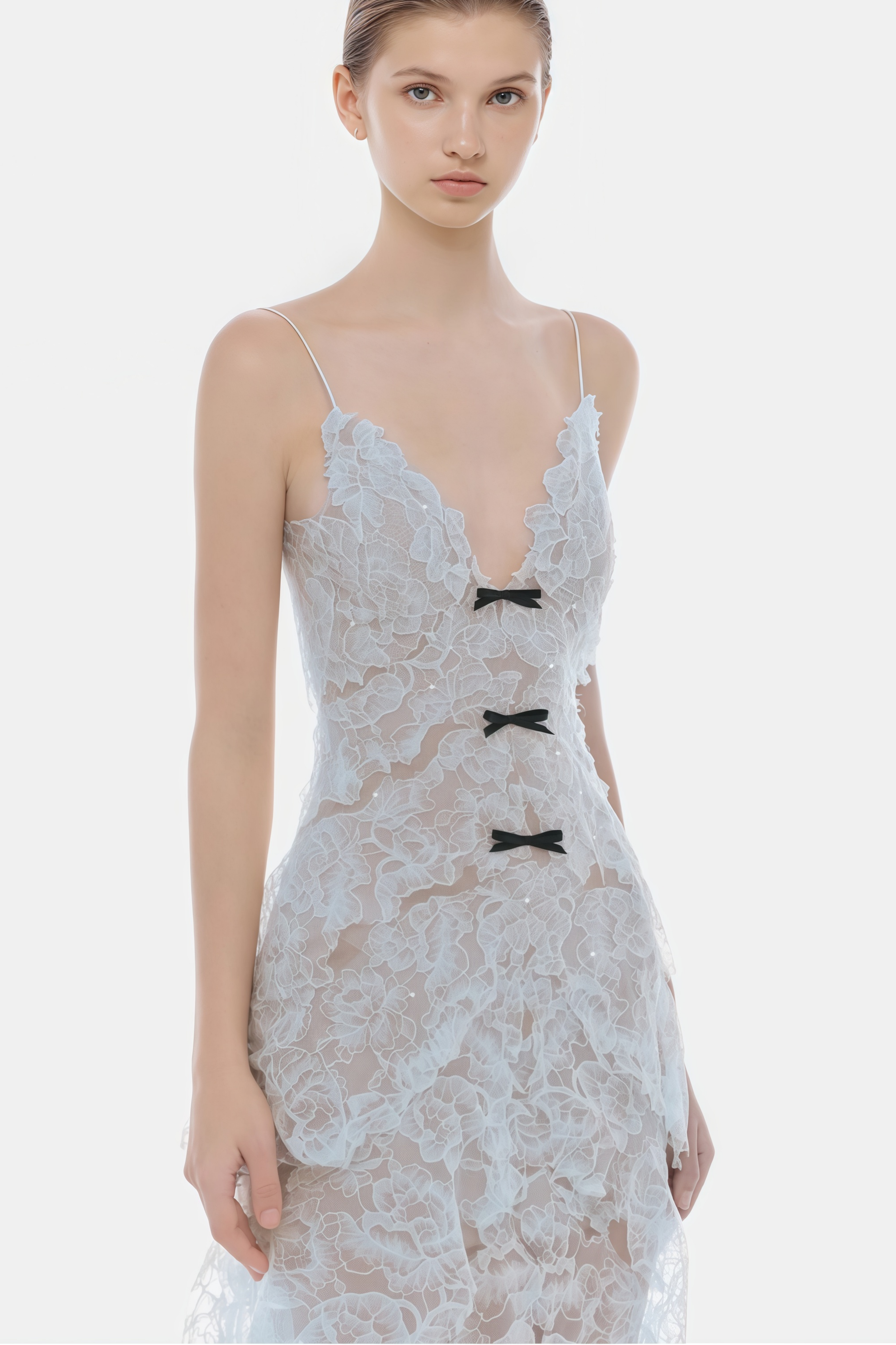 Atousa Blue Layered Floral Lace Maxi Dress with Bow