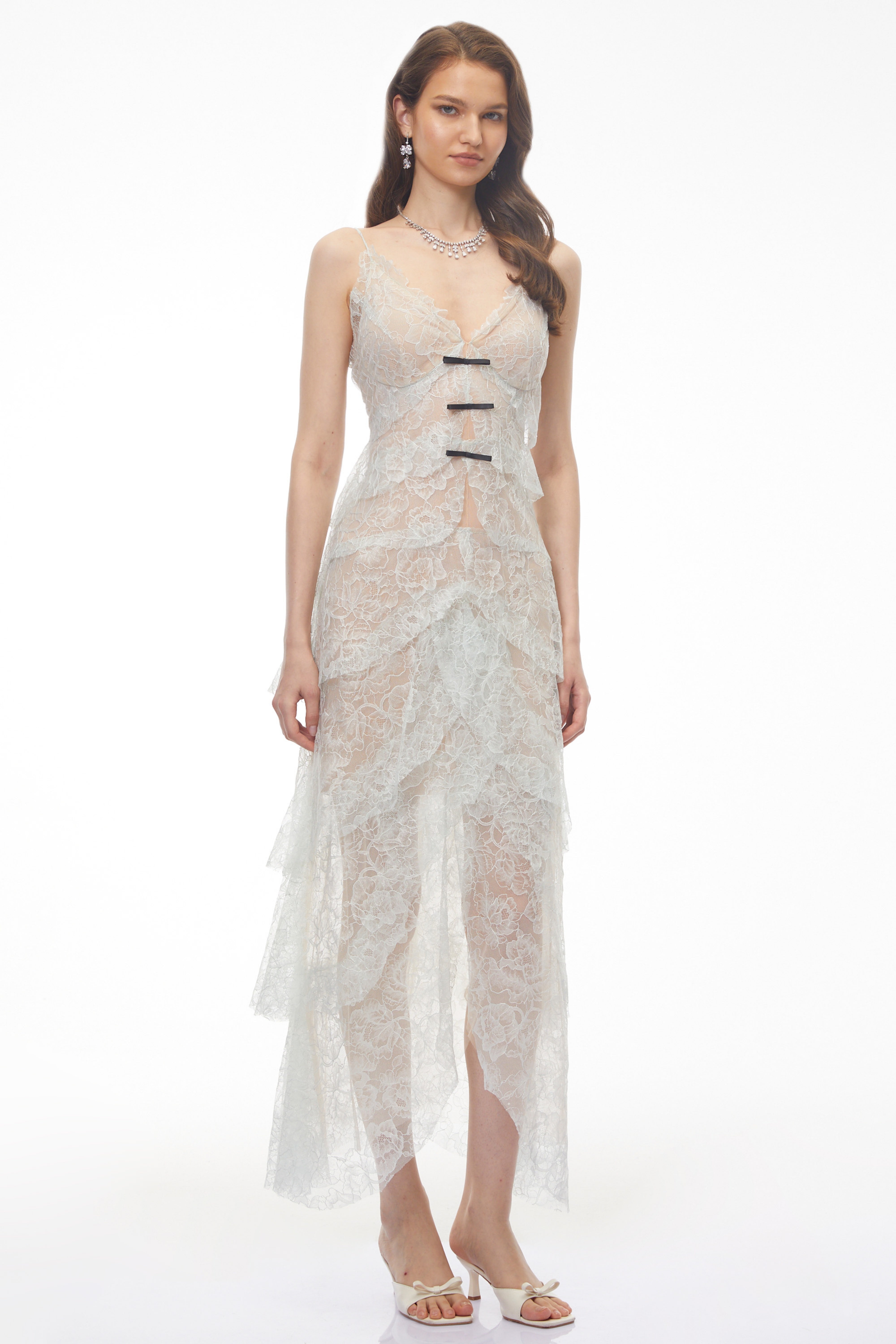 Atousa Blue Layered Floral Lace Maxi Dress with Bow