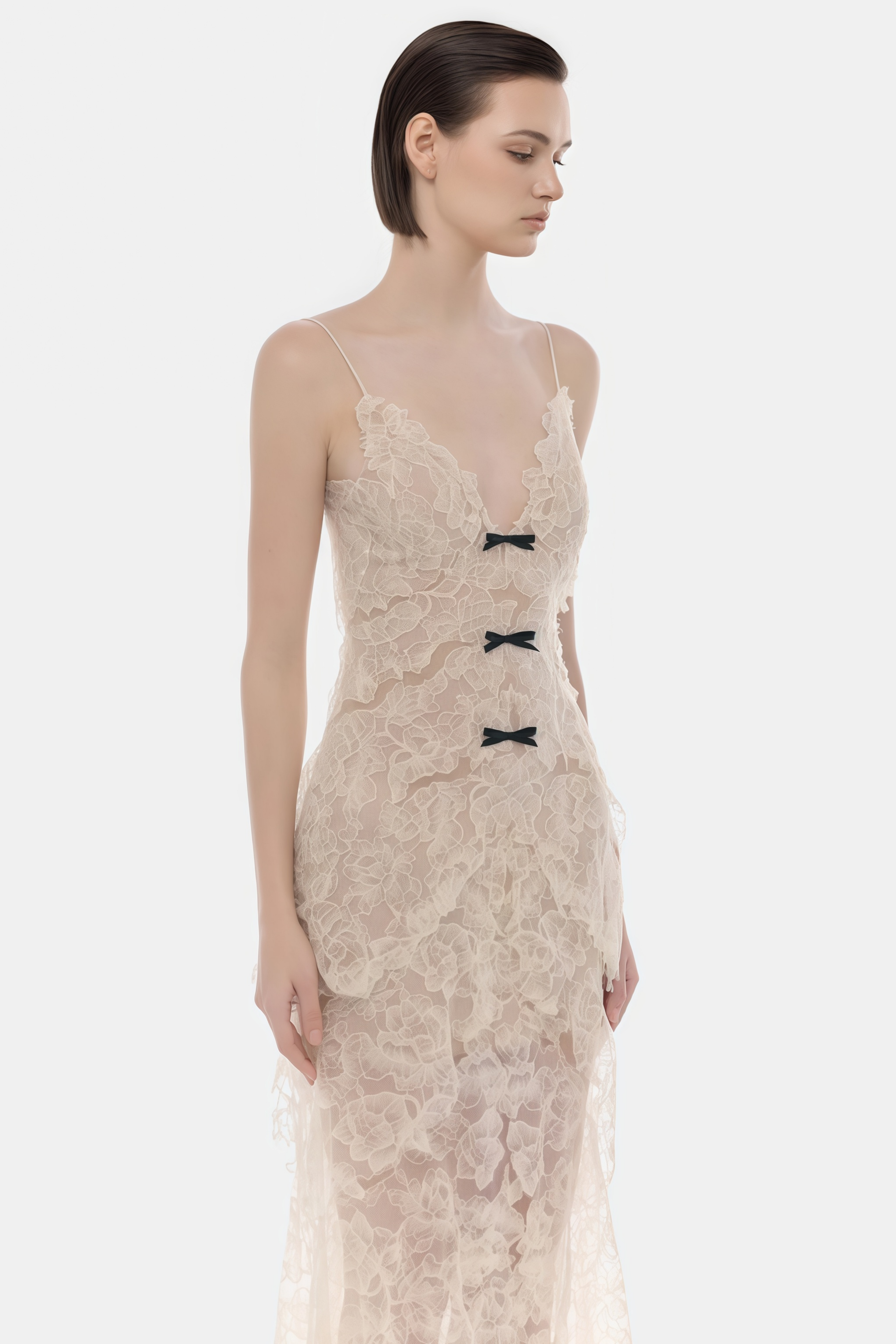 Atousa Cream Layered Floral Lace Maxi Dress with Bow