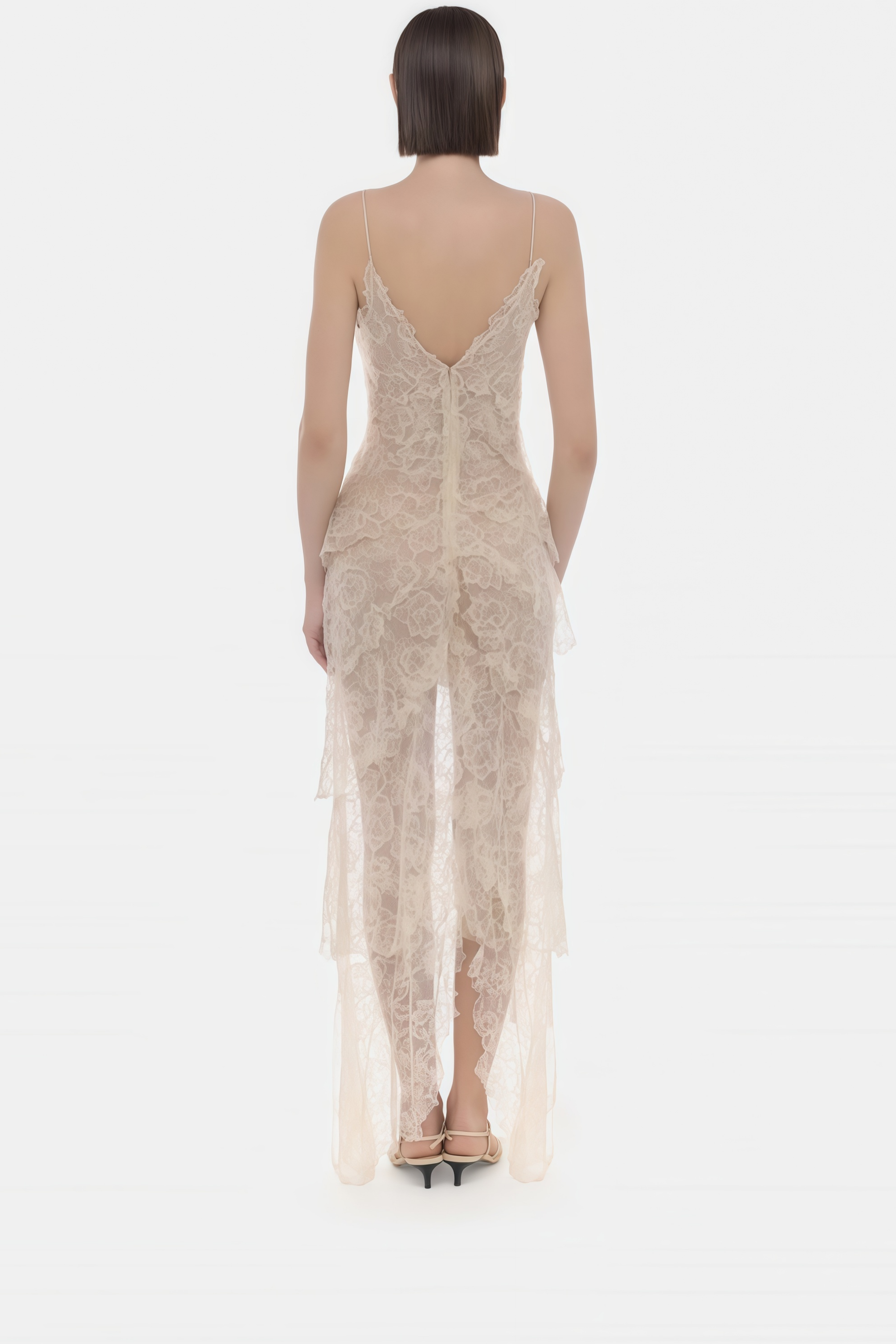 Atousa Cream Layered Floral Lace Maxi Dress with Bow