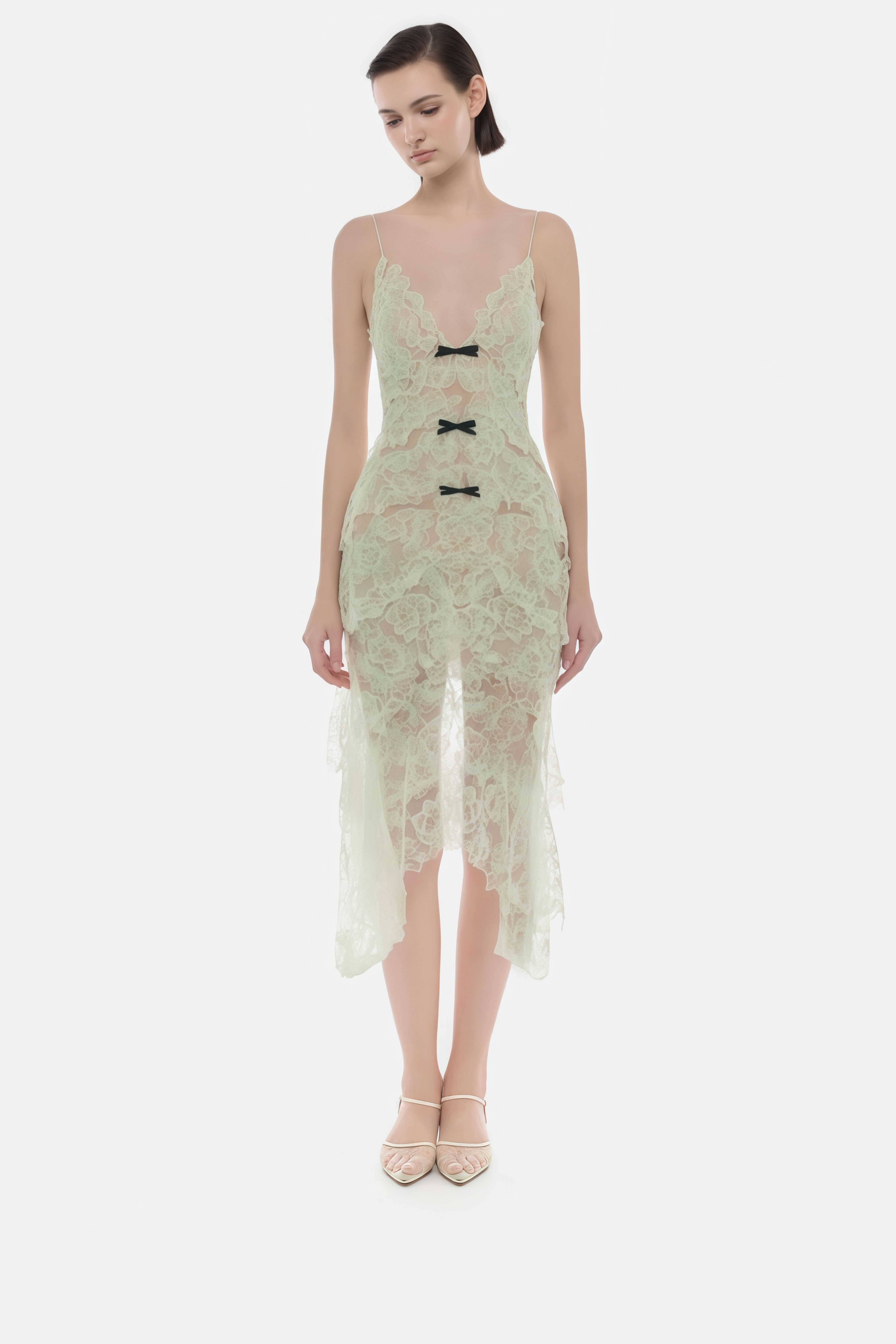 Atousa Green Layered Floral Lace Maxi Dress with Bow