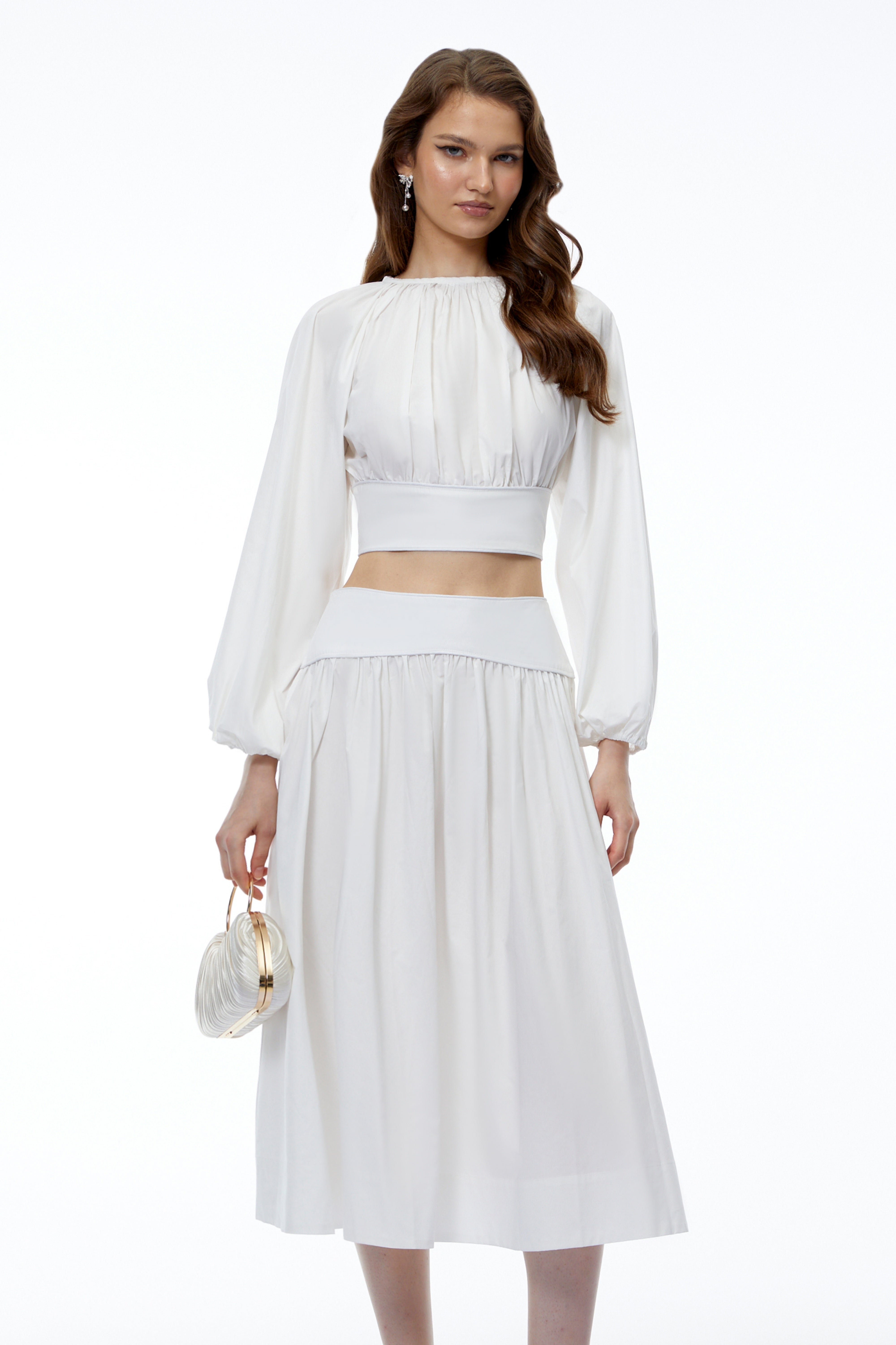 Aubrey White Round Neck Puff Sleeve Top & Skirt Set
