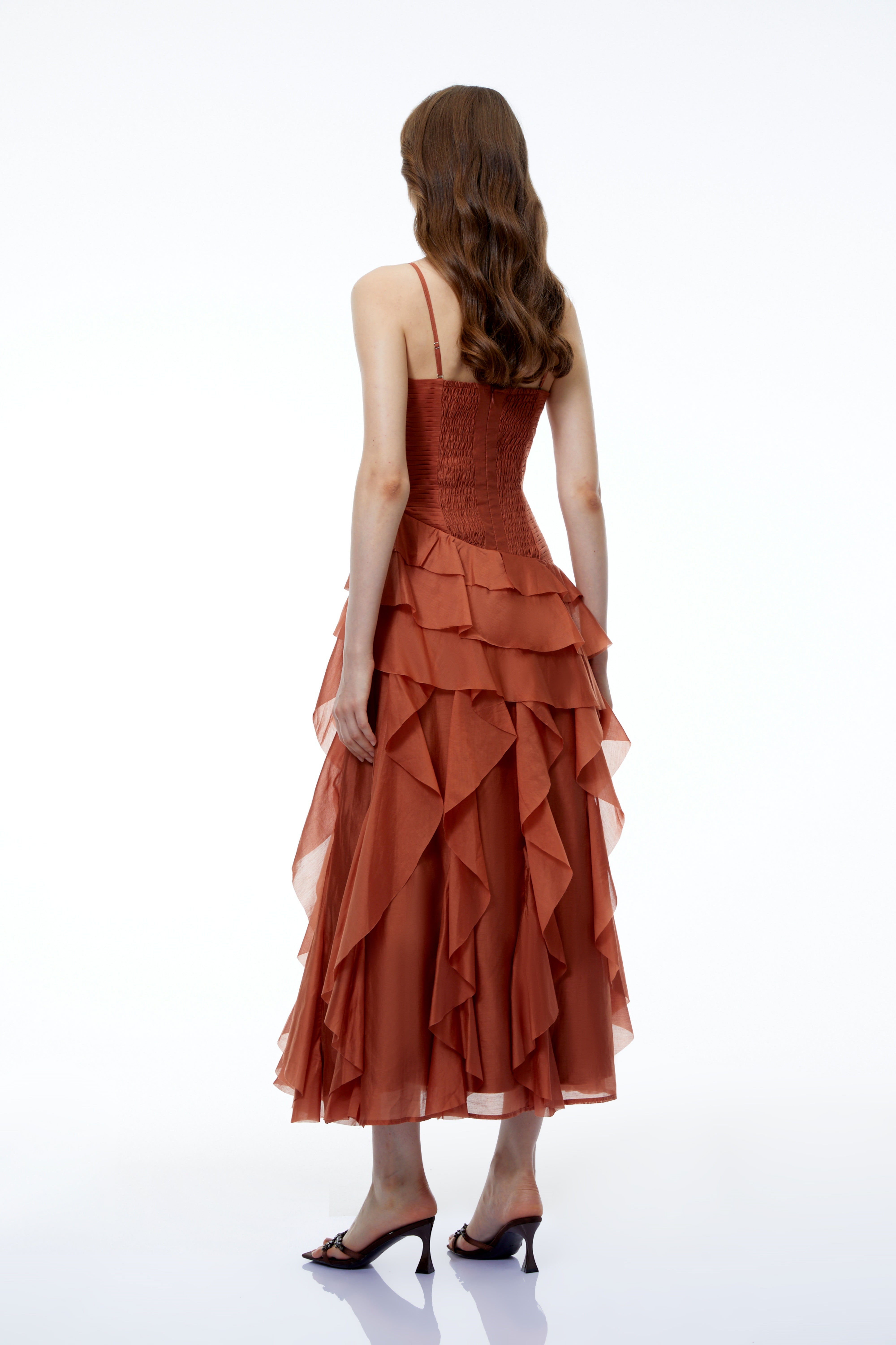 Aurelie Orange Tiered Ruffled Maxi Dress with 3D Florals