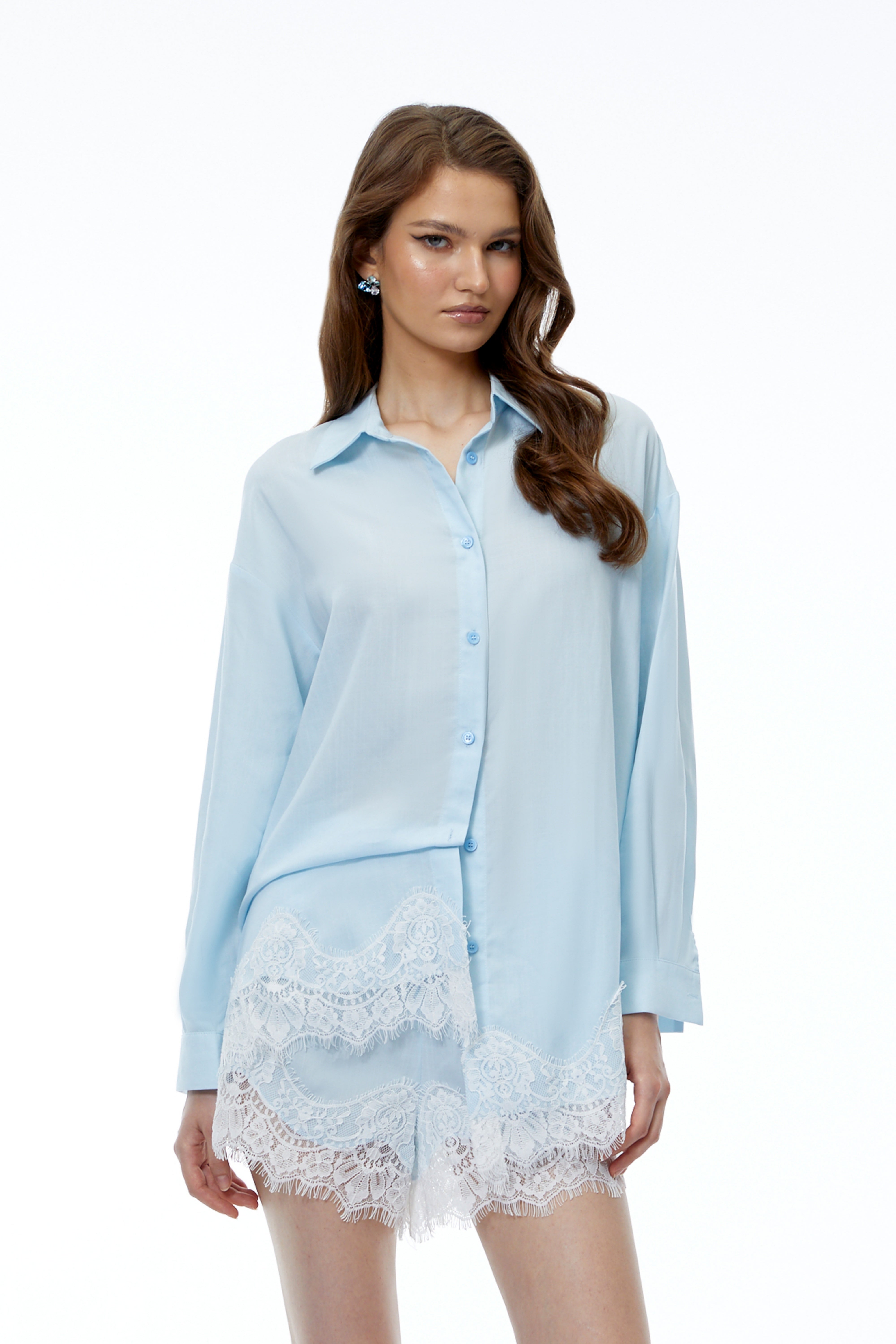 Aurora Light Blue Lace Trim Blouse & Shorts Set