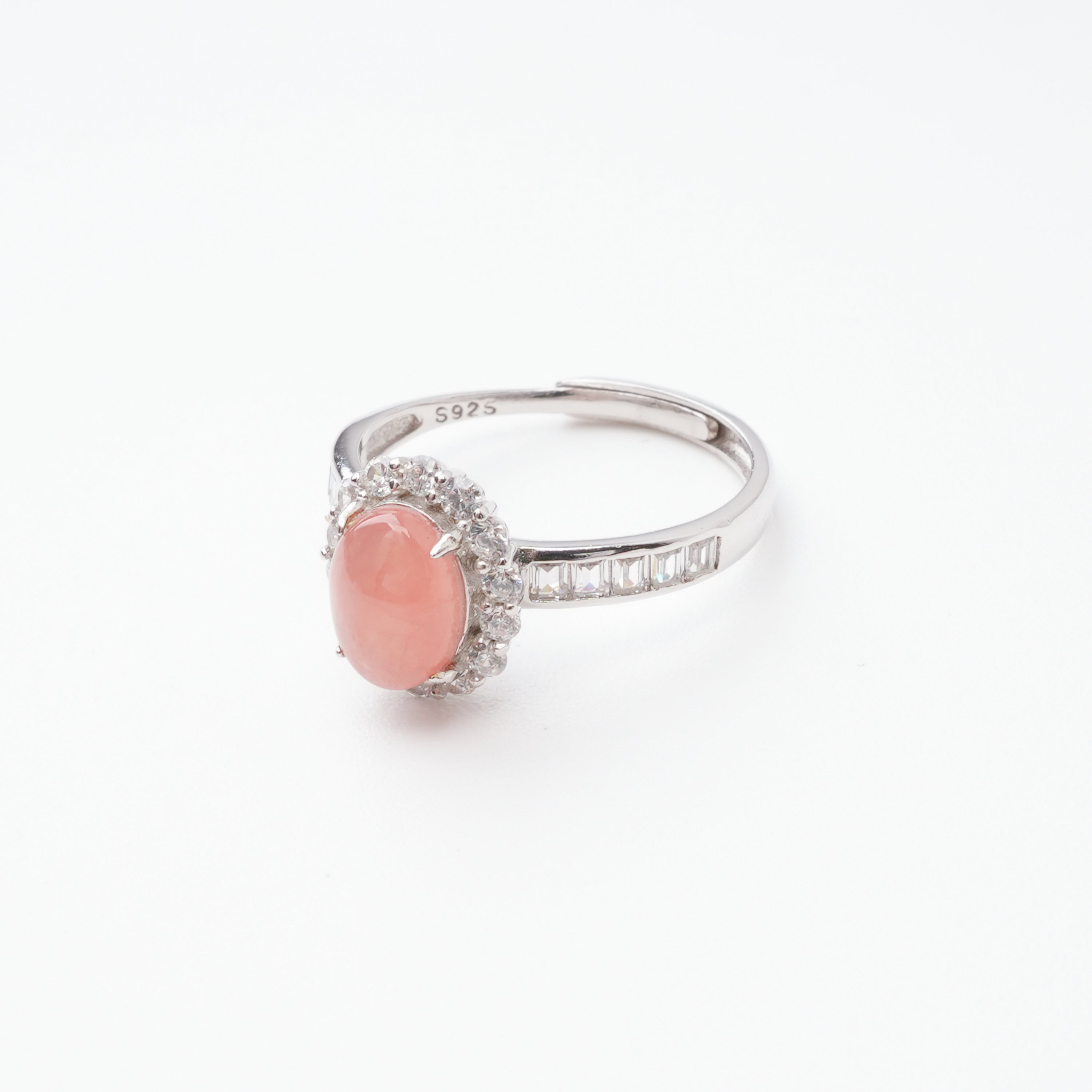 Aurora Peach Cabochon Cut Halo Sterling Silver Ring