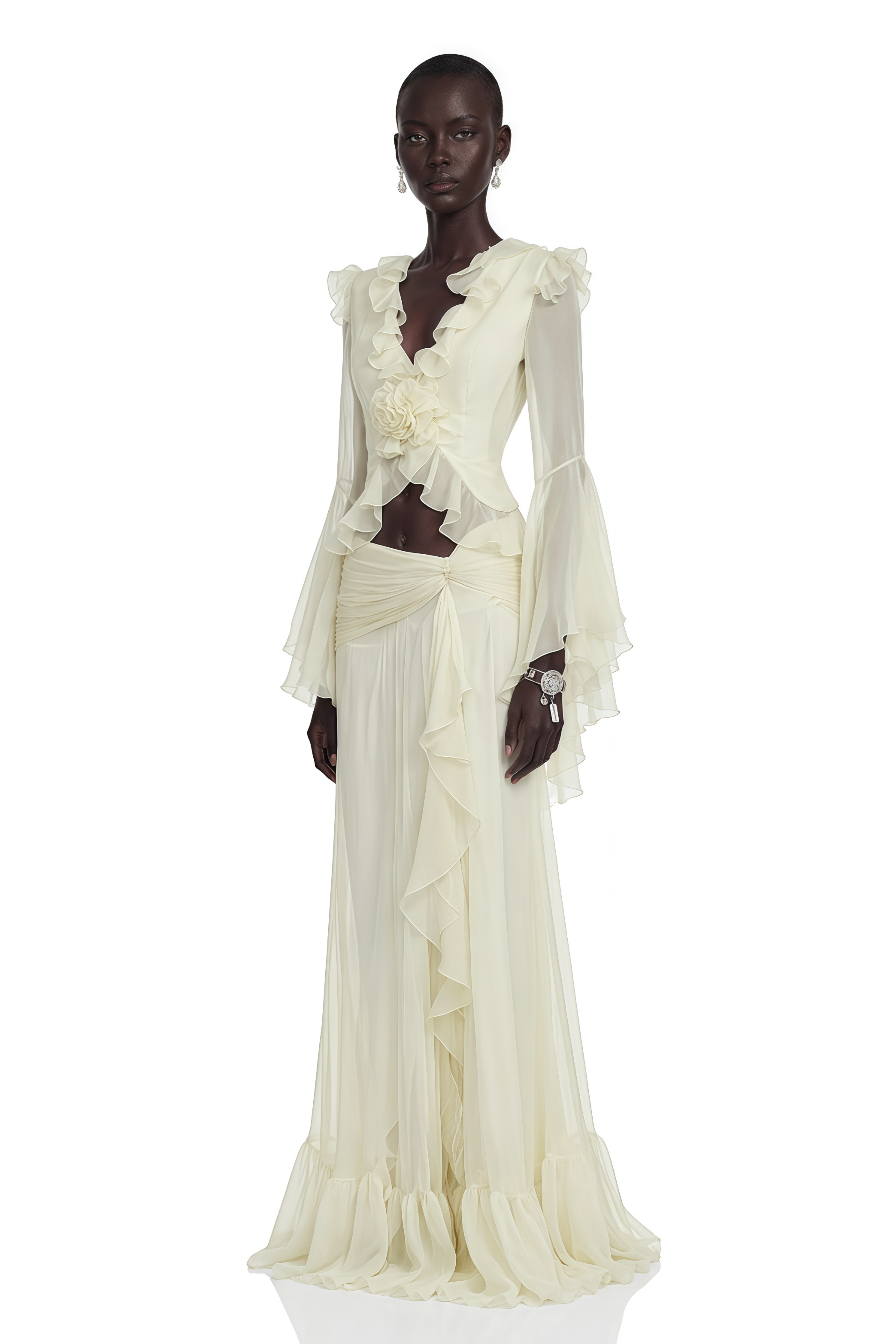 Aurora White Floral Applique Crop Top & Draped Skirt Set