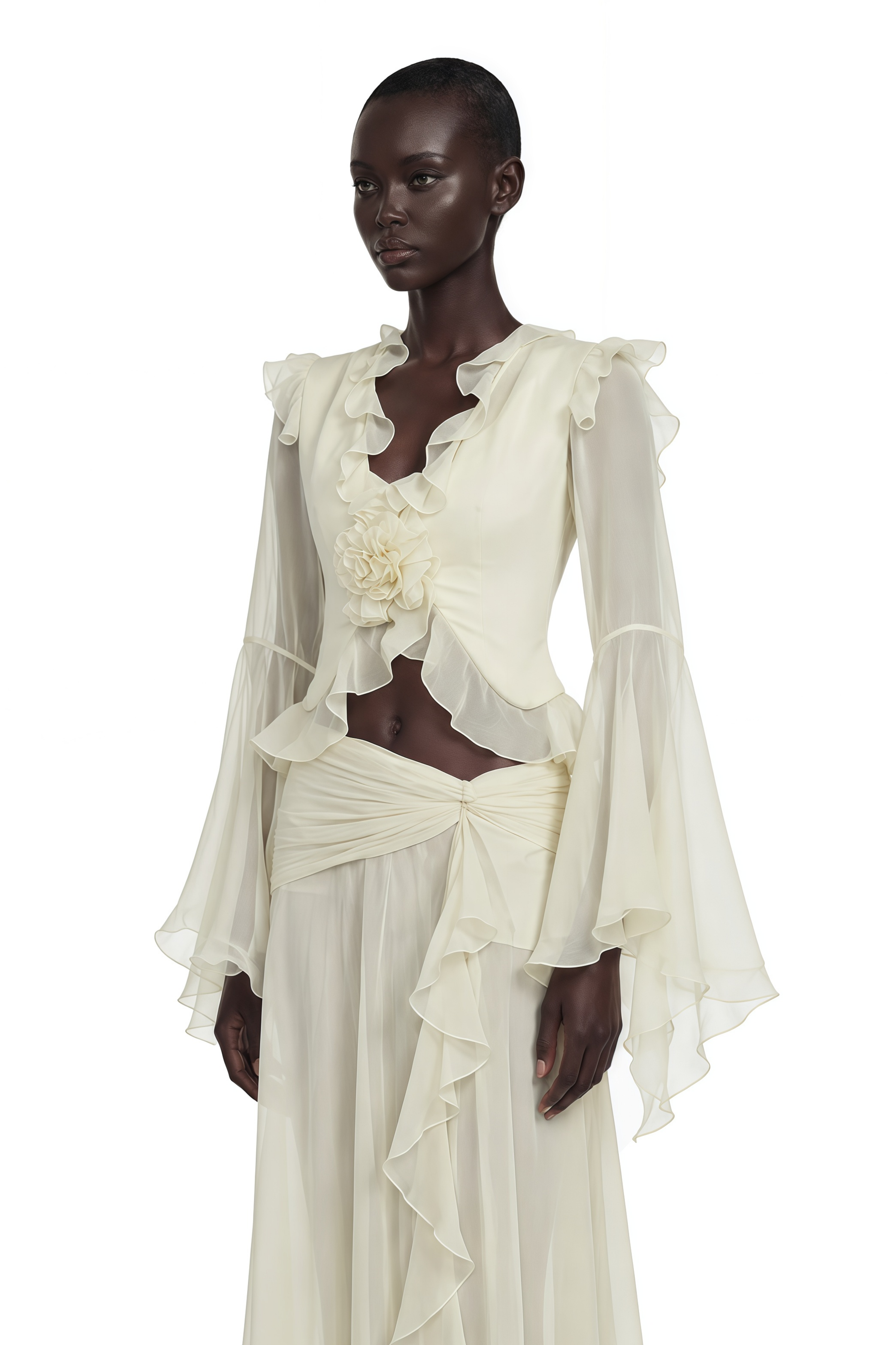 Aurora White Floral Applique Crop Top & Draped Skirt Set
