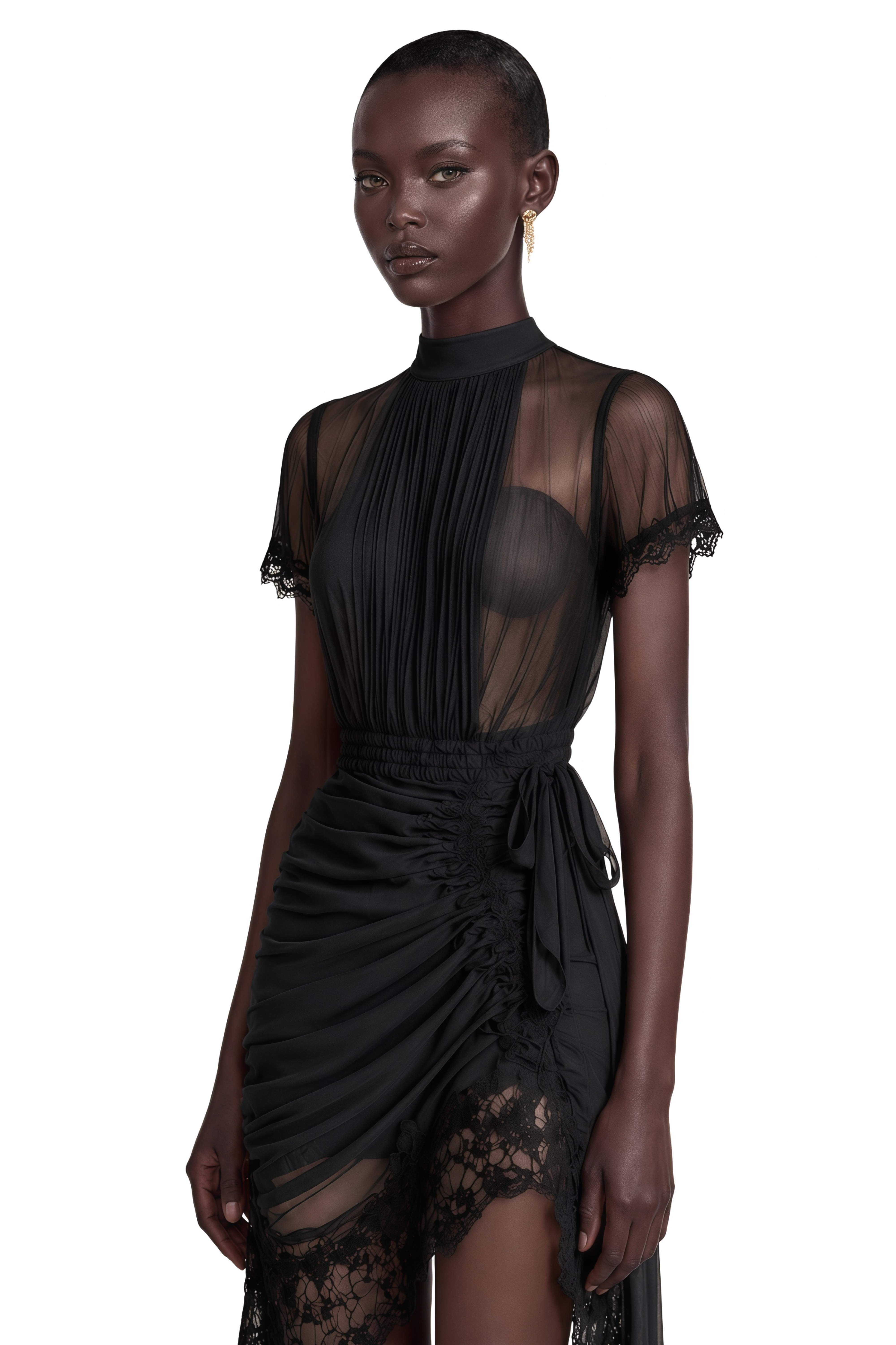 Avis Black Ruched Mini Dress with Lace Trim