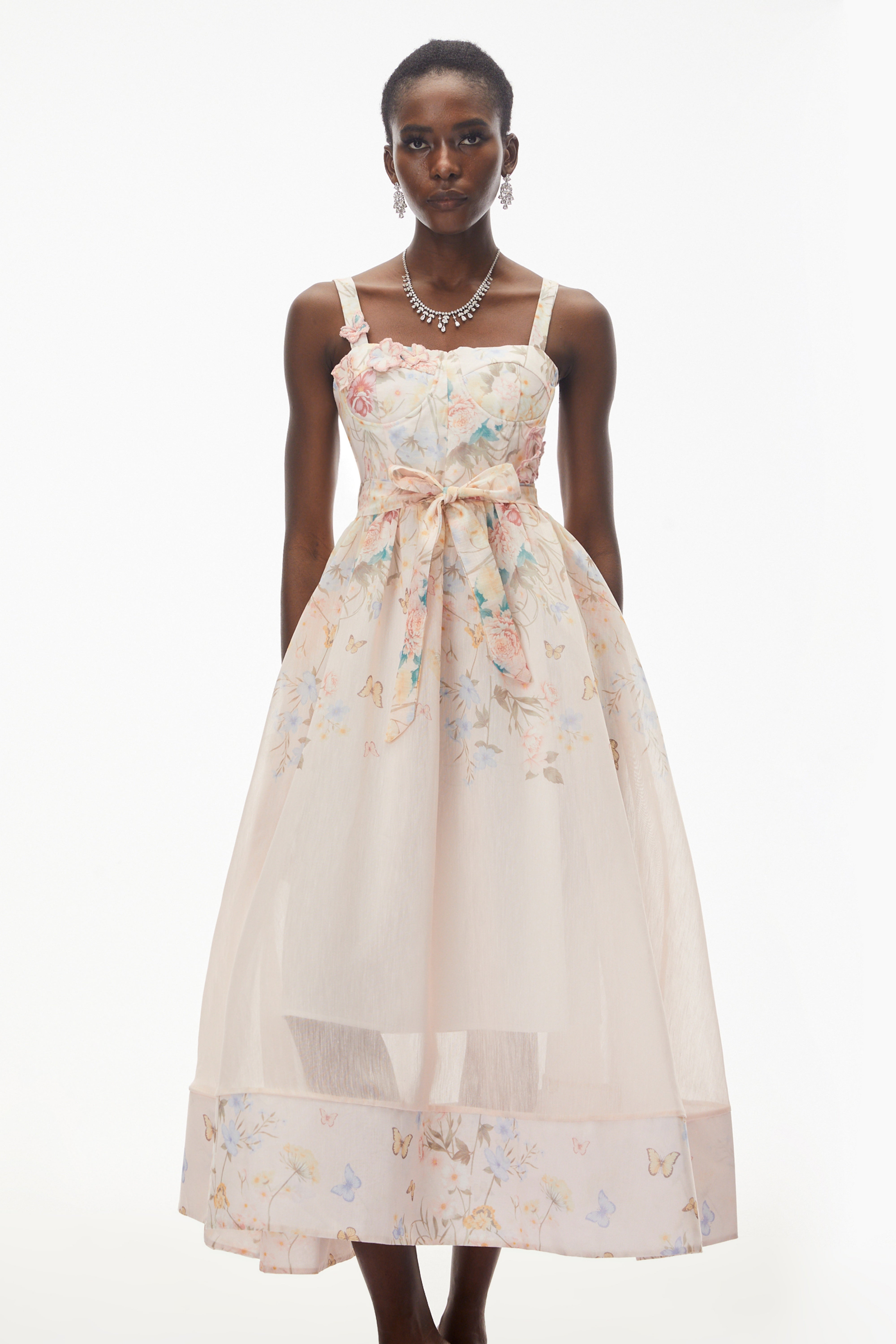 Baucis Pink Floral Print Midi Dress with Tie Waist