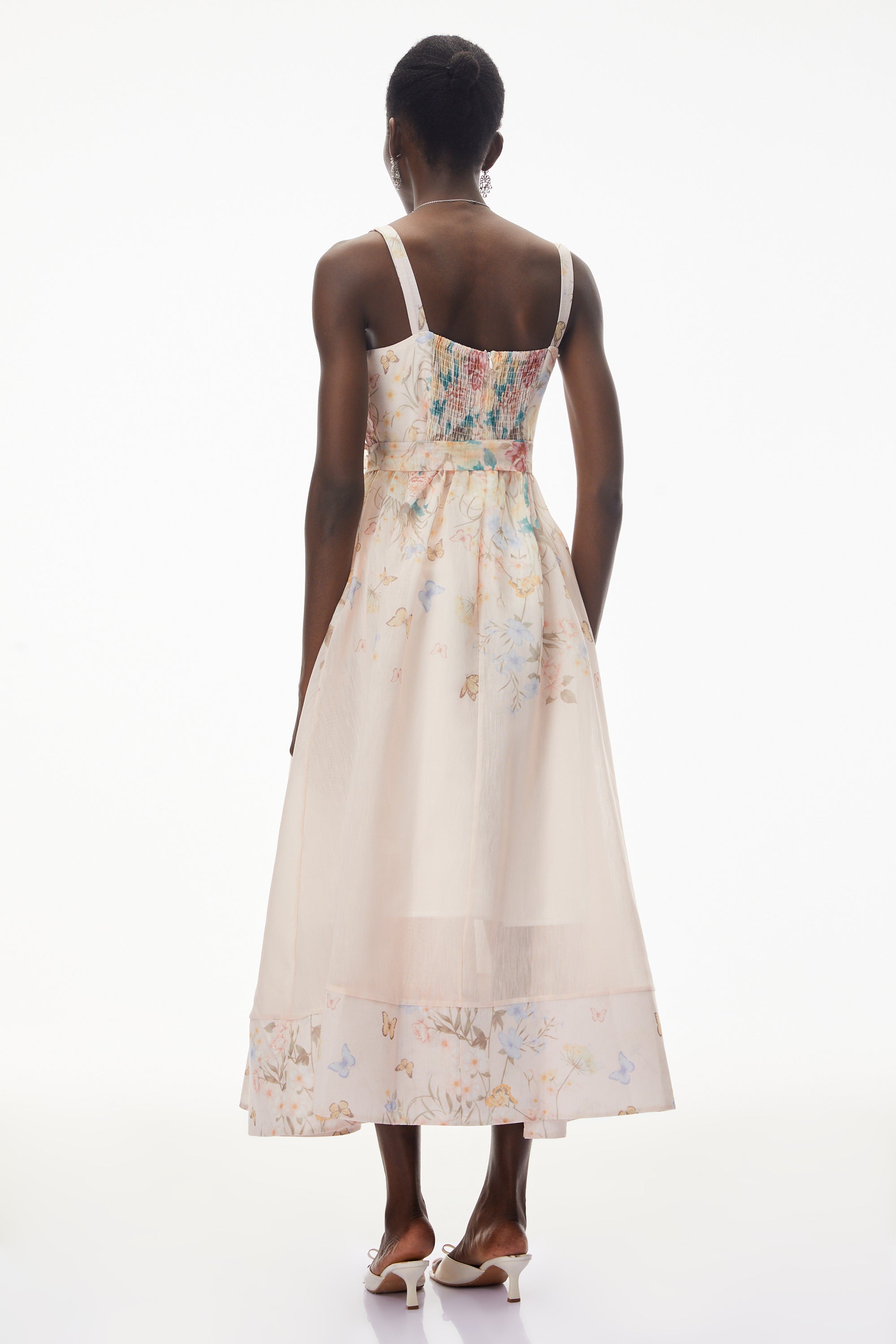 Baucis Pink Floral Print Midi Dress with Tie Waist