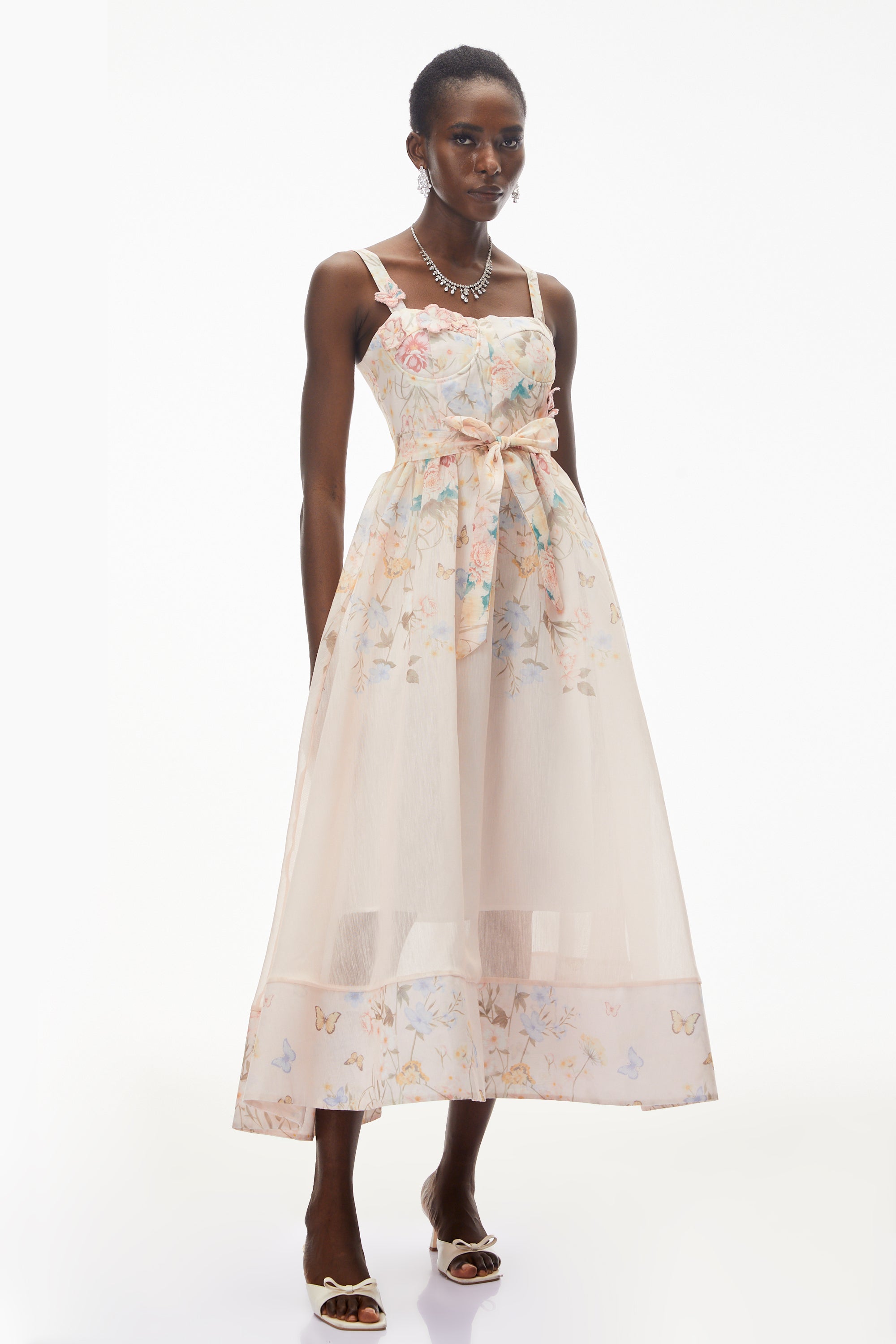 Baucis Pink Floral Print Midi Dress with Tie Waist