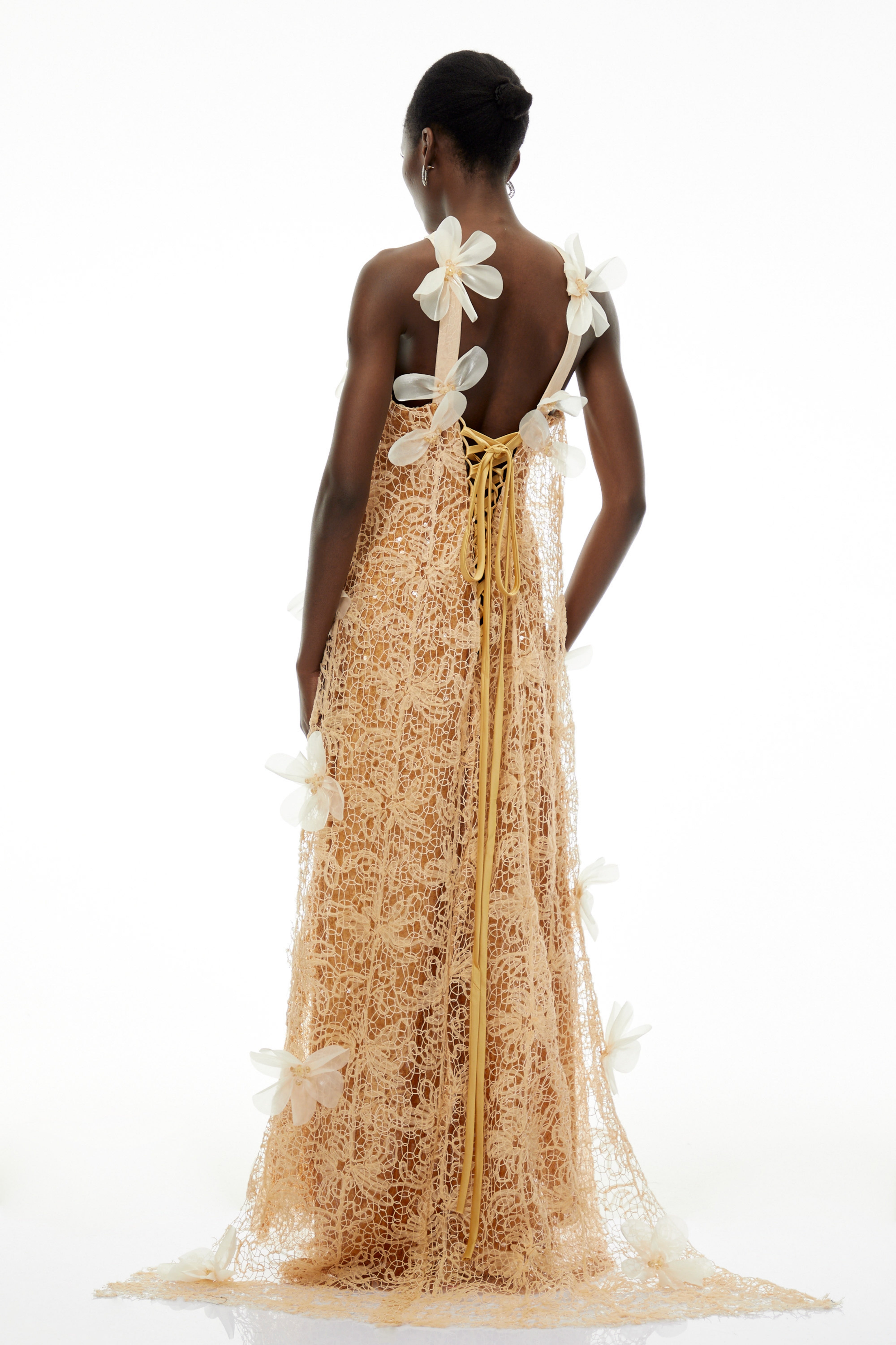 Beatrice Champagne Halterneck Sequin Lace Maxi Dress