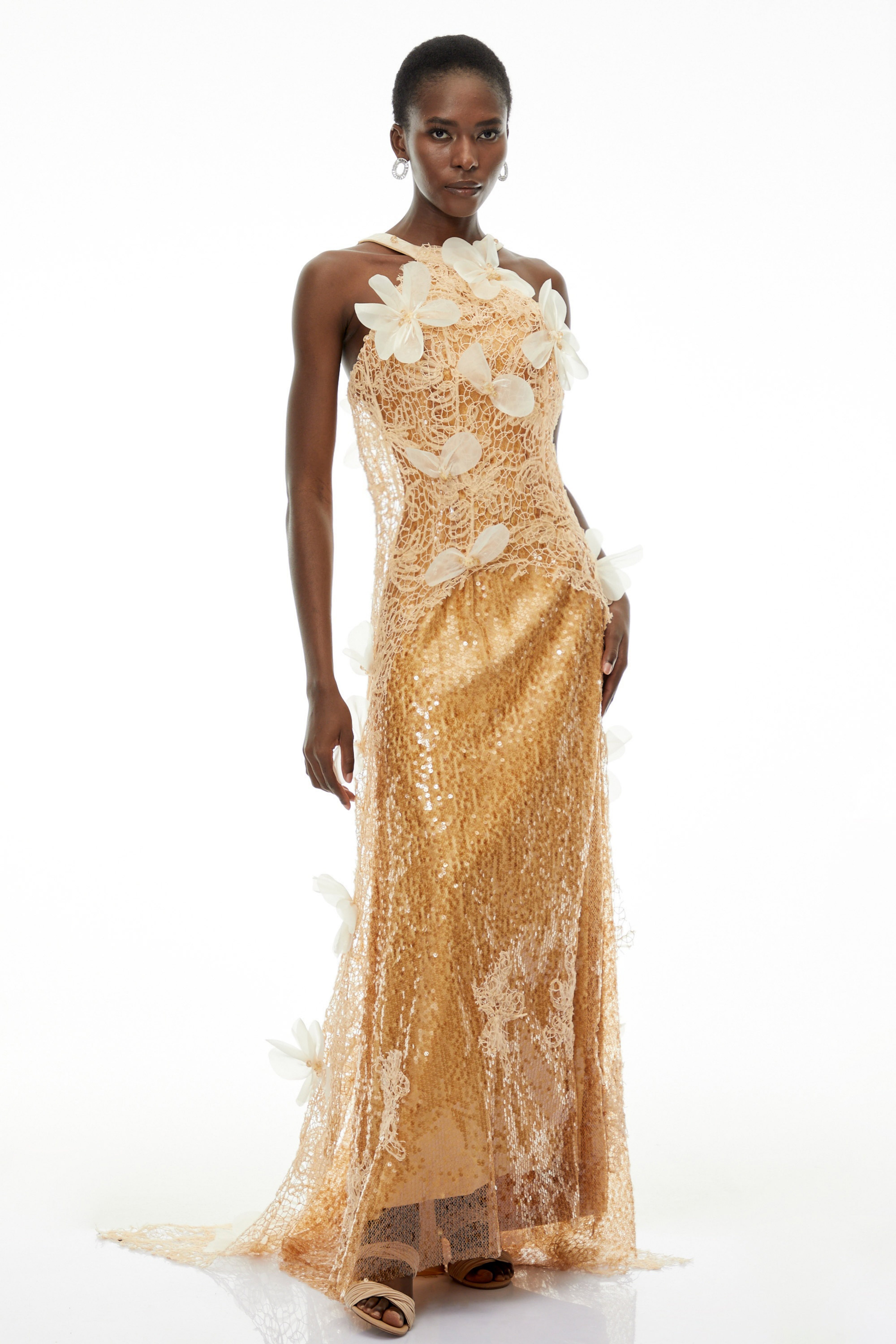 Beatrice Champagne Halterneck Sequin Lace Maxi Dress