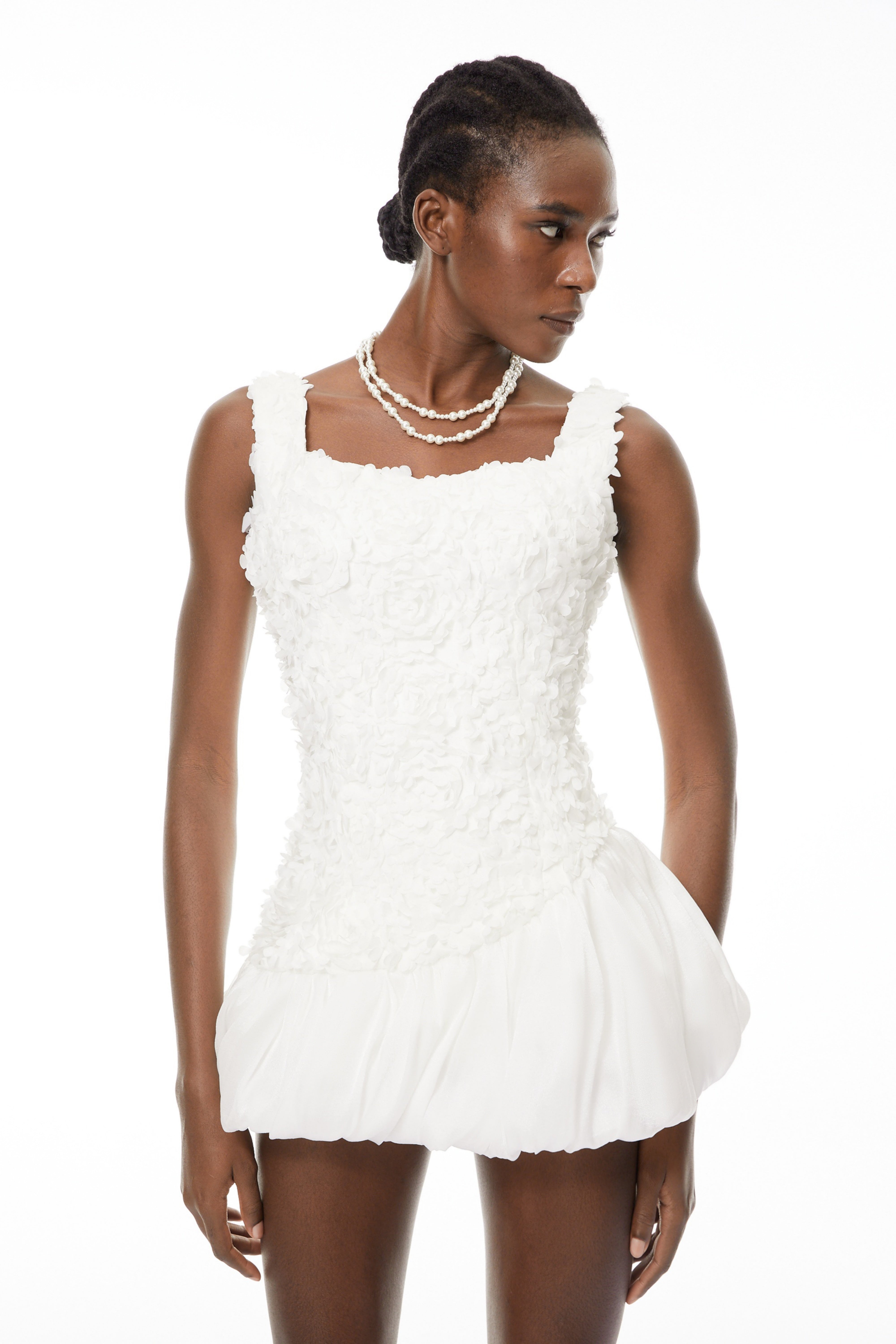 Beatrice White 3D Petal Bubble Mini Dress