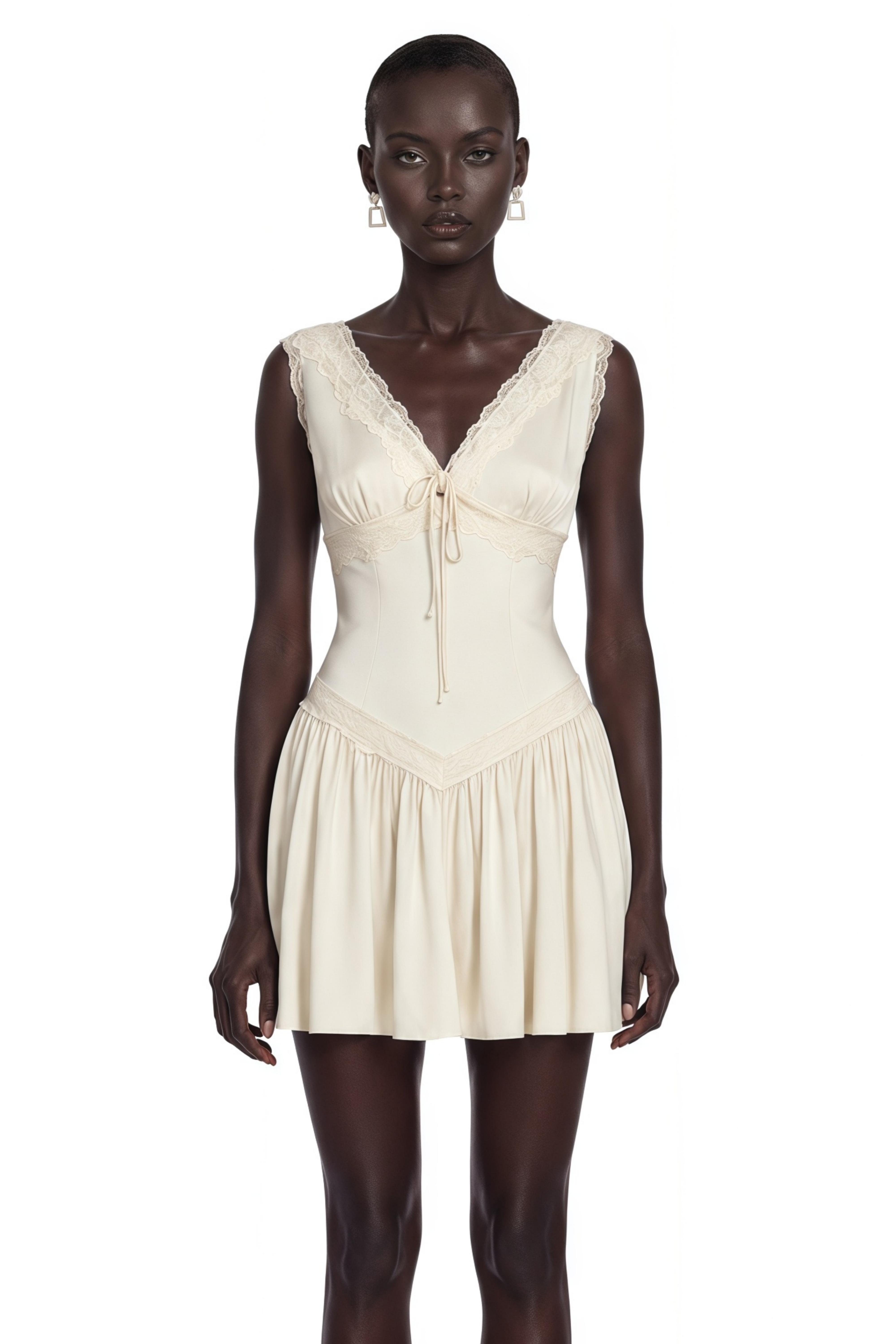 Belinda Ivory V-Neck Mini Dress with Lace Trim