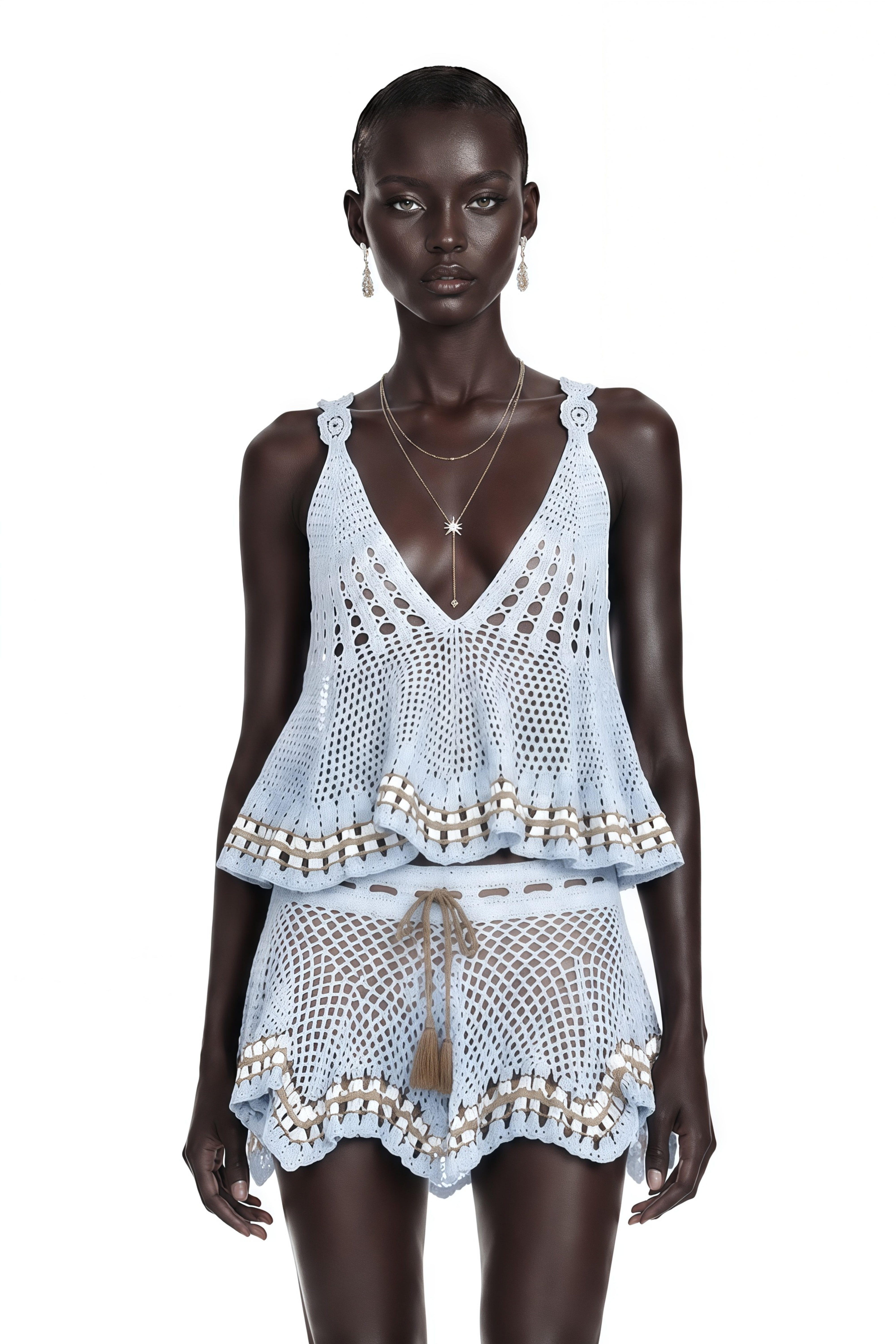 Belphoebe Blue Crochet V-Neck Top & Skirt Set