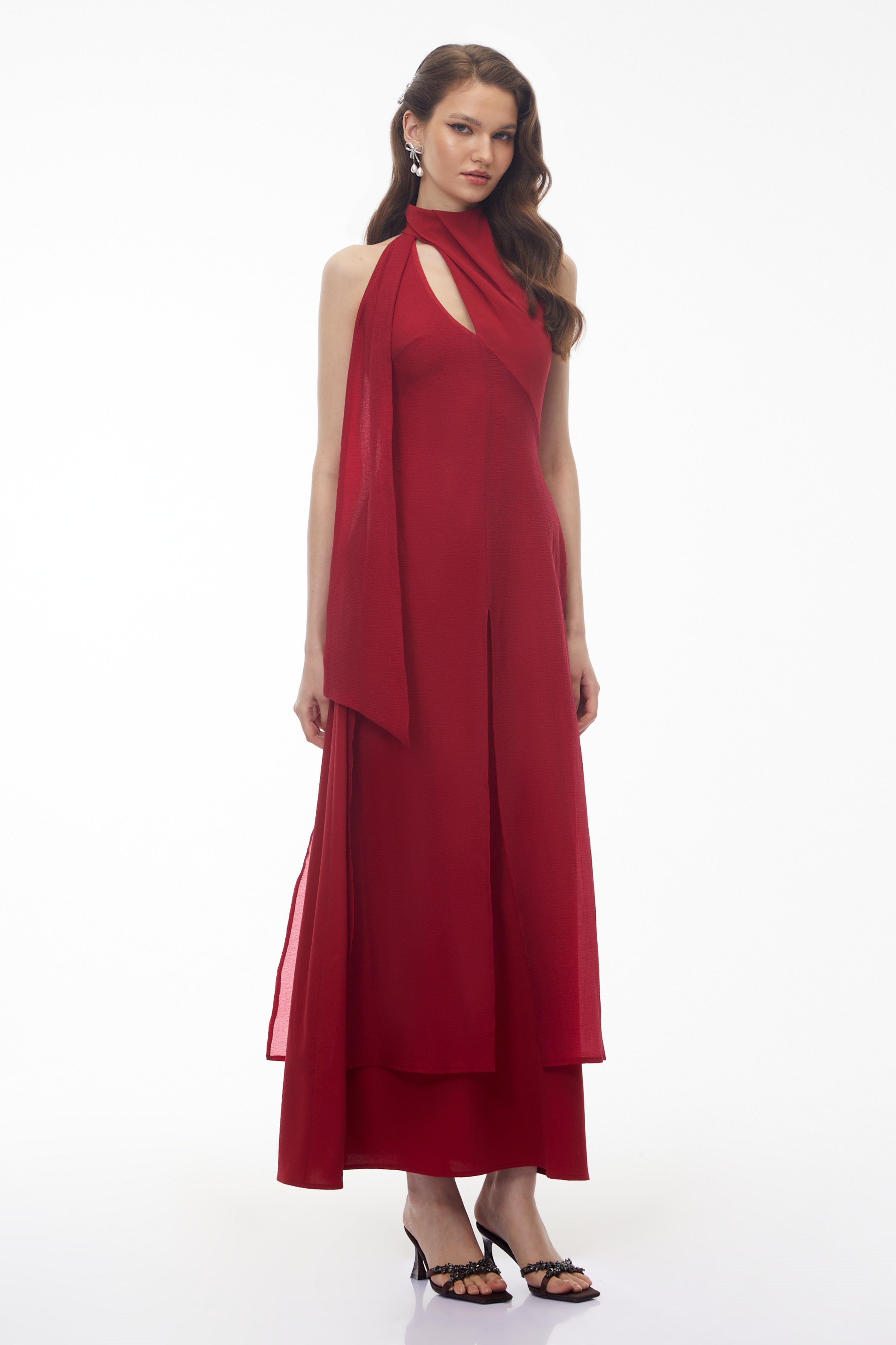 Berenice Red Halterneck Maxi Dress with Cut-Outs