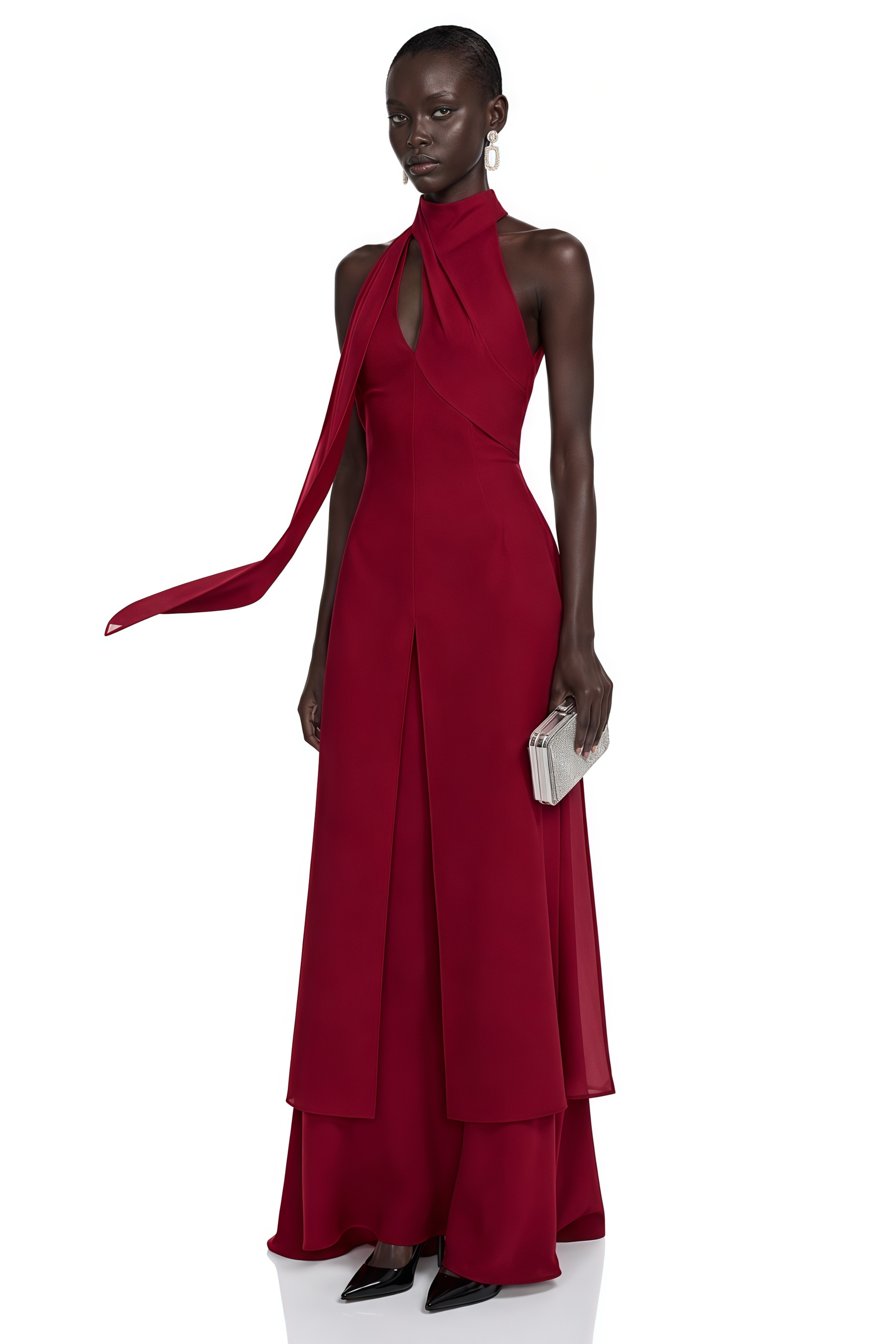 Robe longue à dos nu rouge Berenice avec découpes
