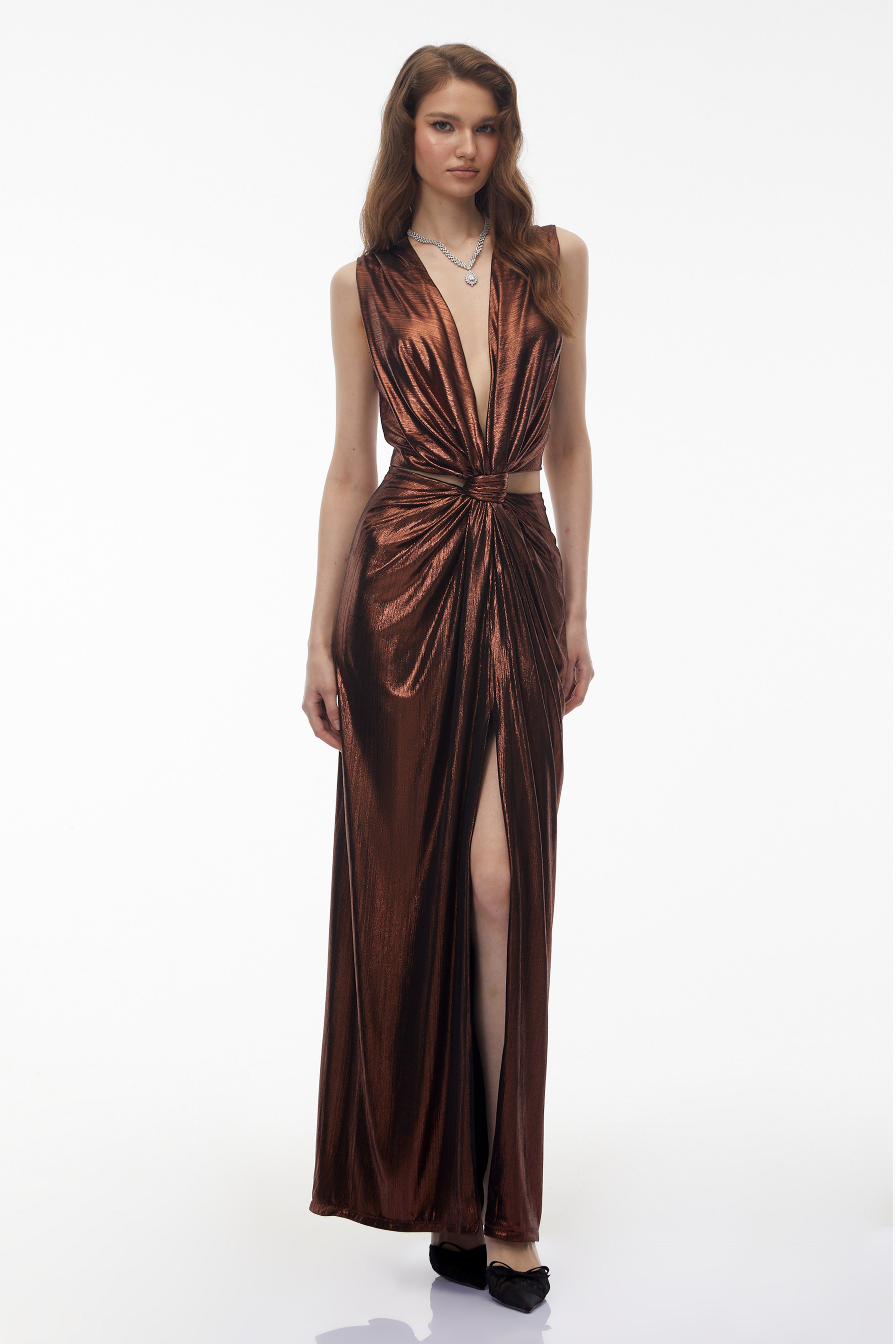 Berenike Metallic Bronze Ruched Satin Maxi Dress