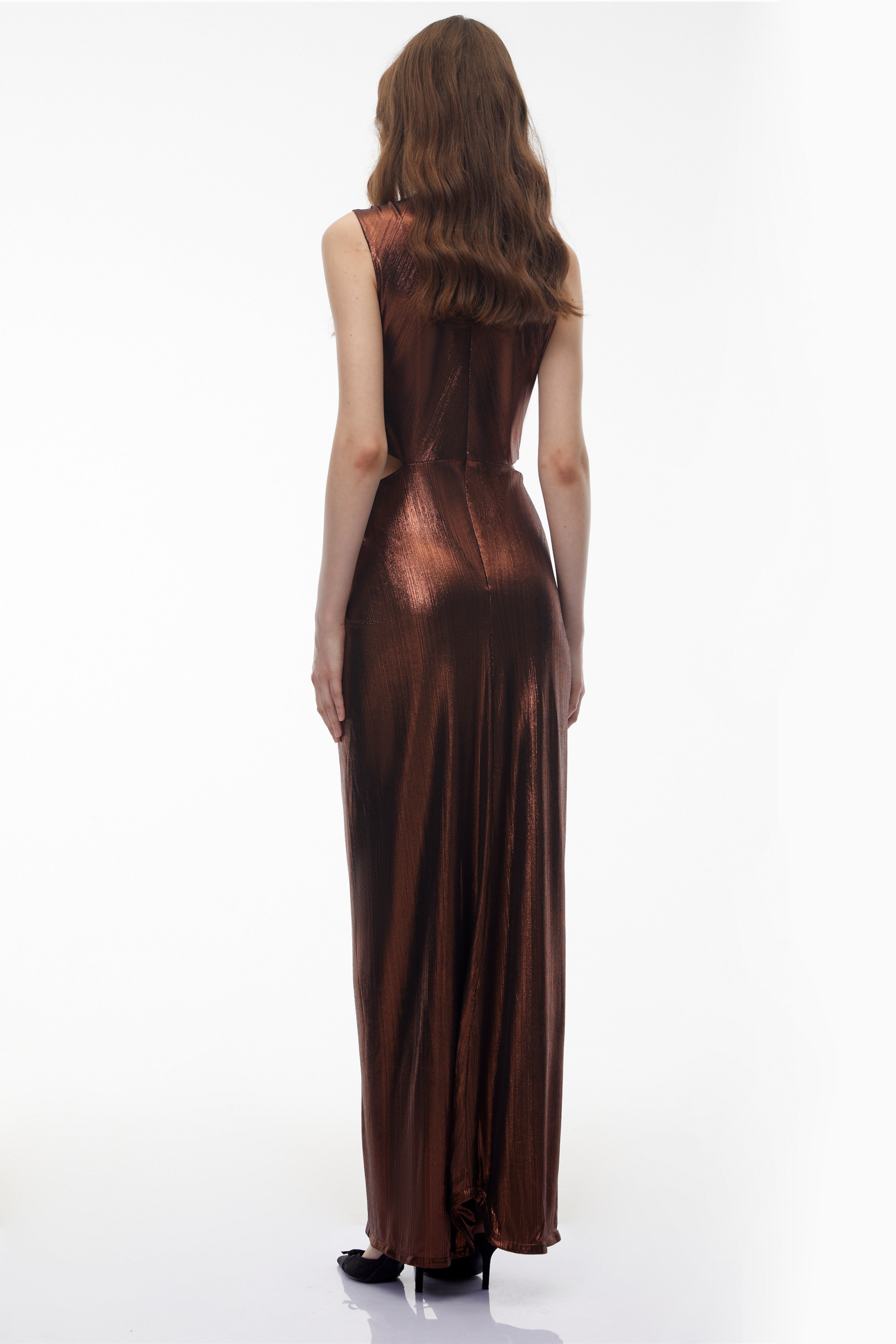 Berenike Metallic Bronze Ruched Satin Maxi Dress
