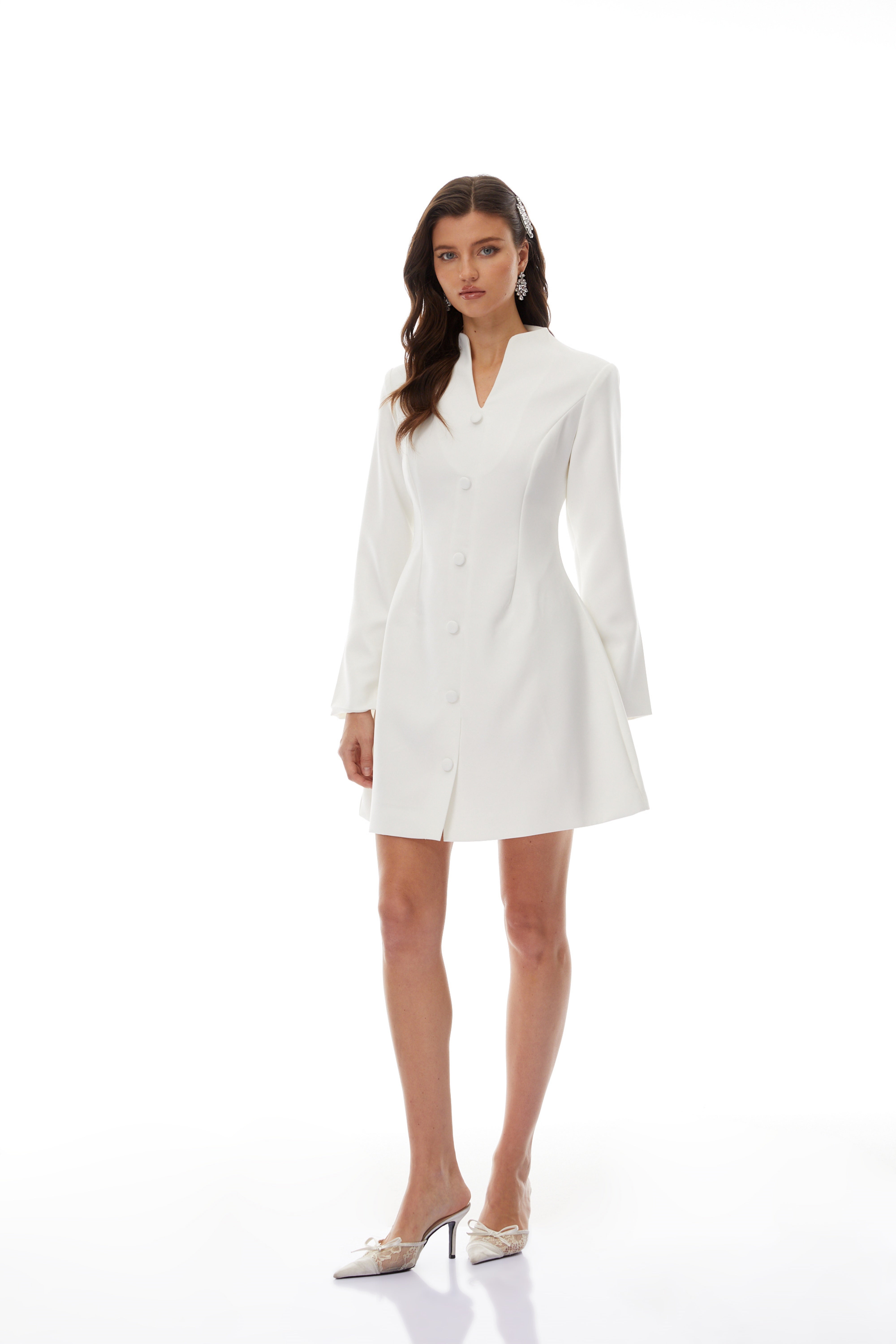 Berglind White Mandarin Collar Mini Blazer Dress