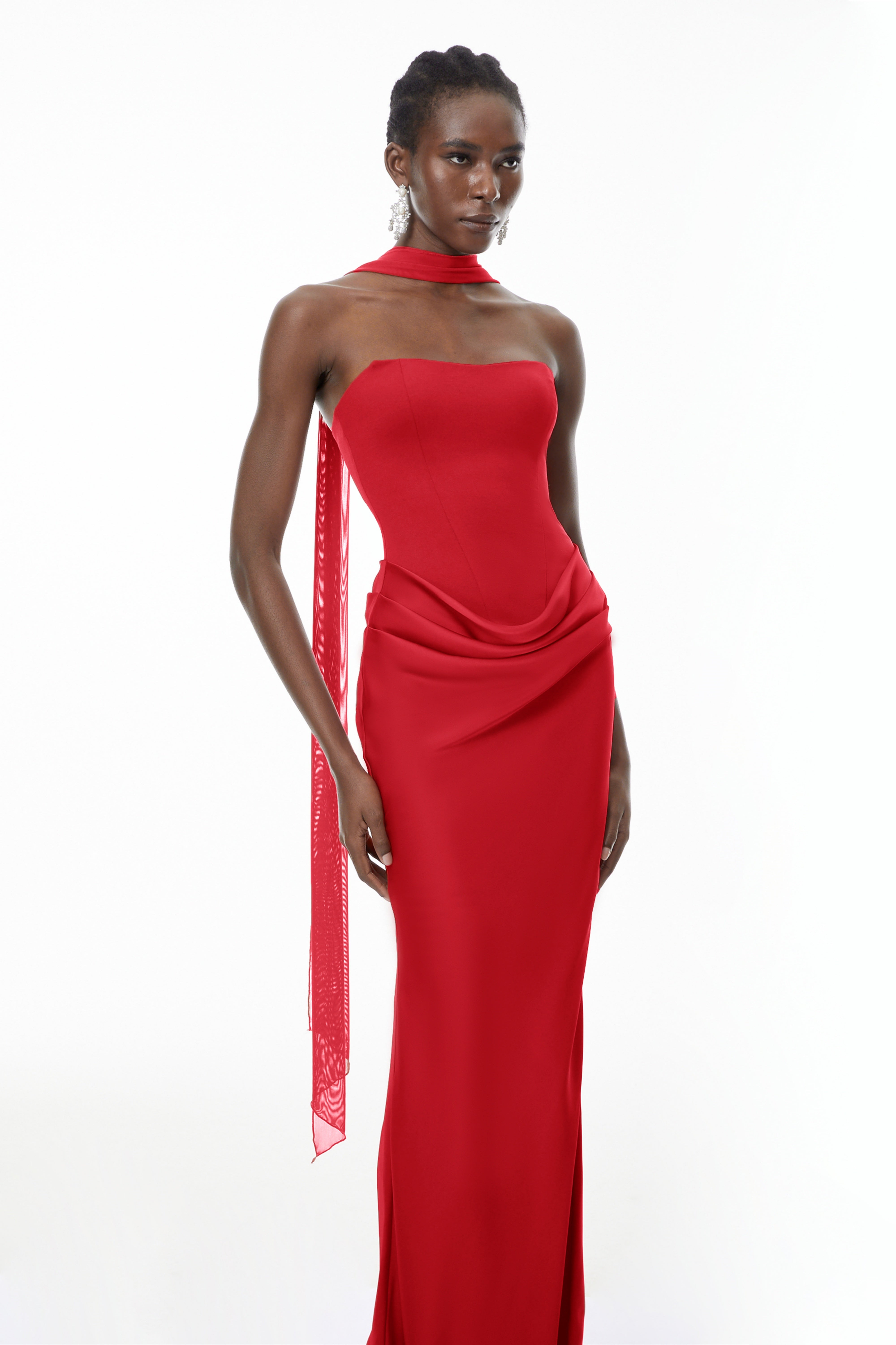 Berit Red Scarf Off Shoulder Ruched Maxi Dress