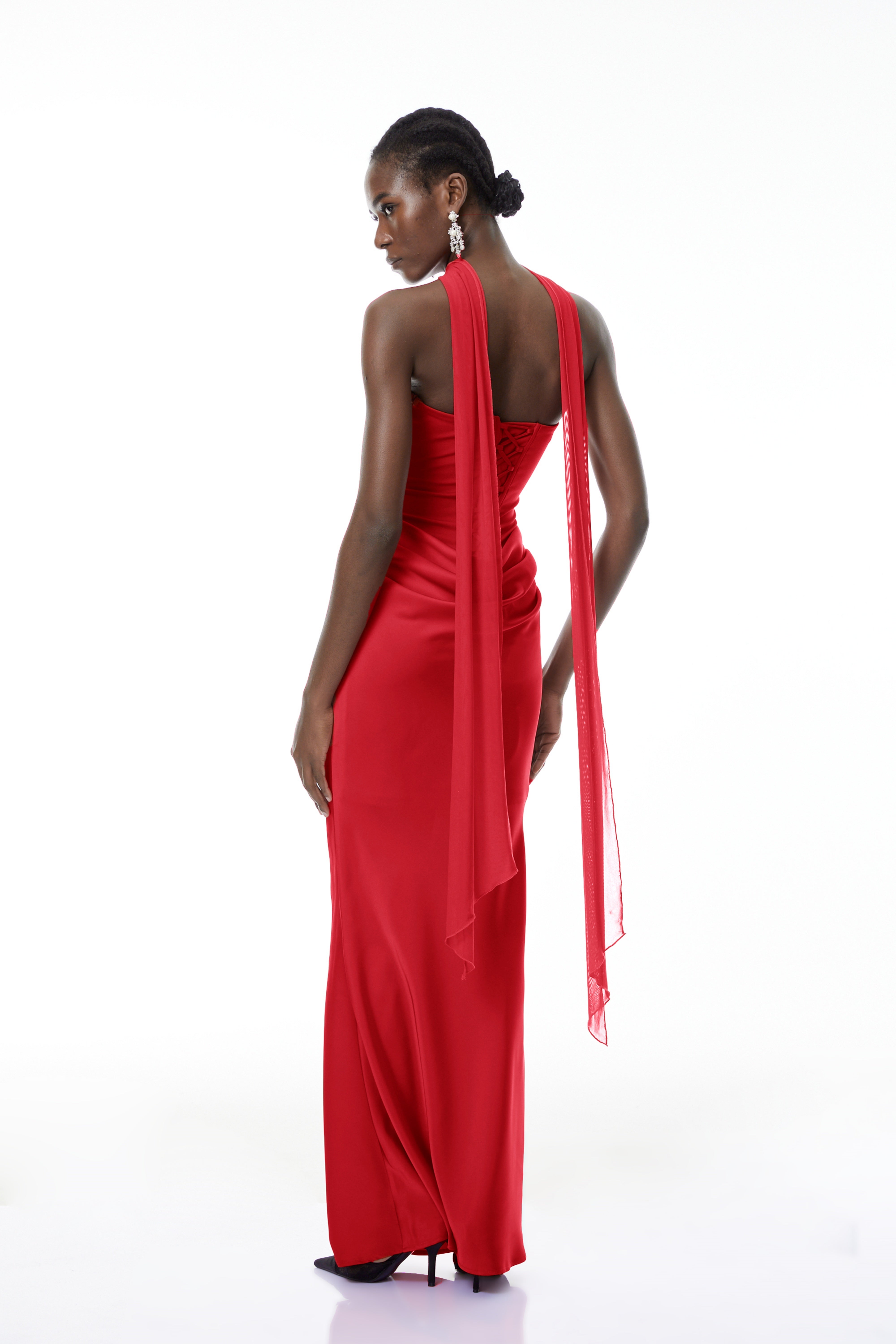 Berit Red Scarf Off Shoulder Ruched Maxi Dress