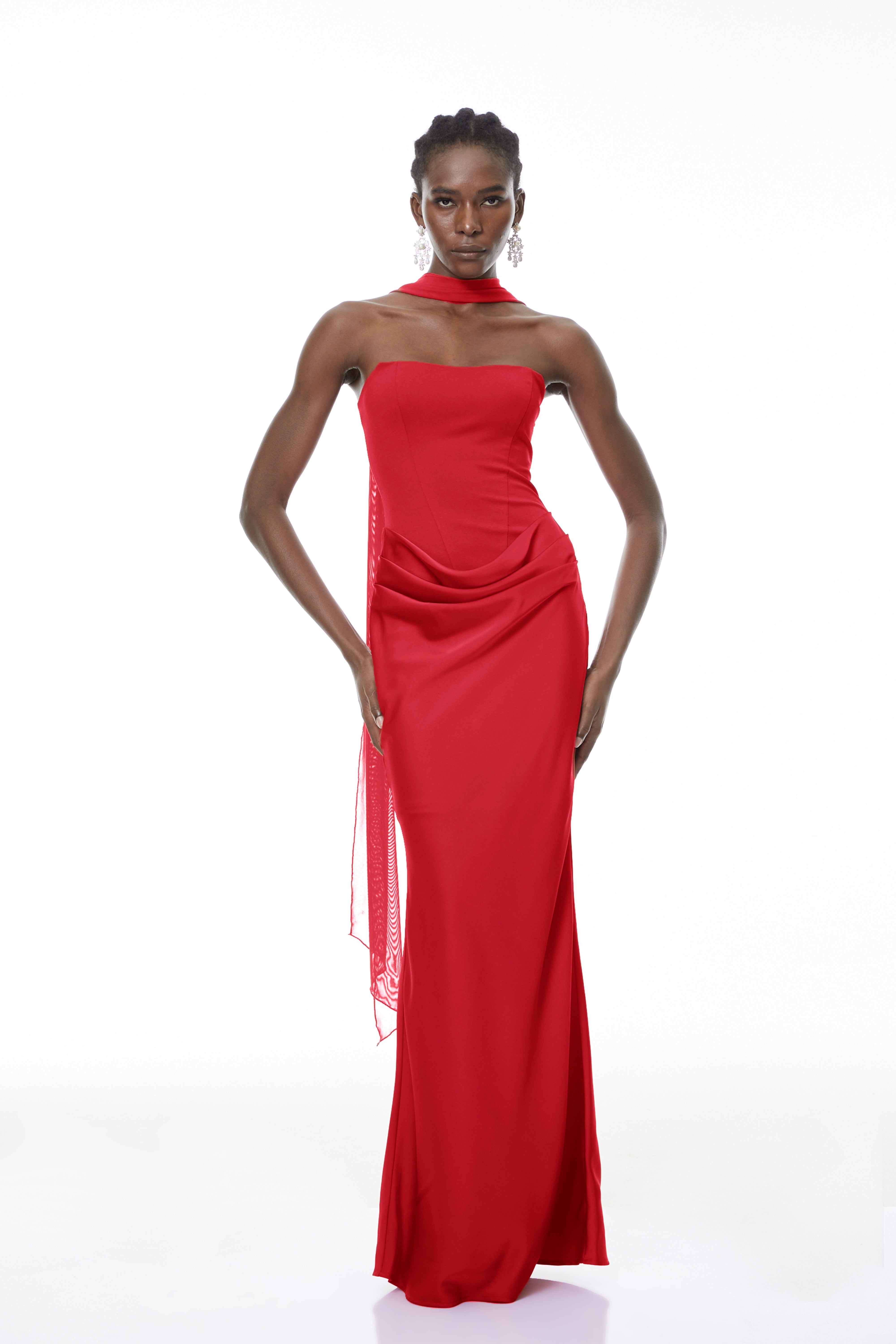 Berit Red Scarf Off Shoulder Ruched Maxi Dress