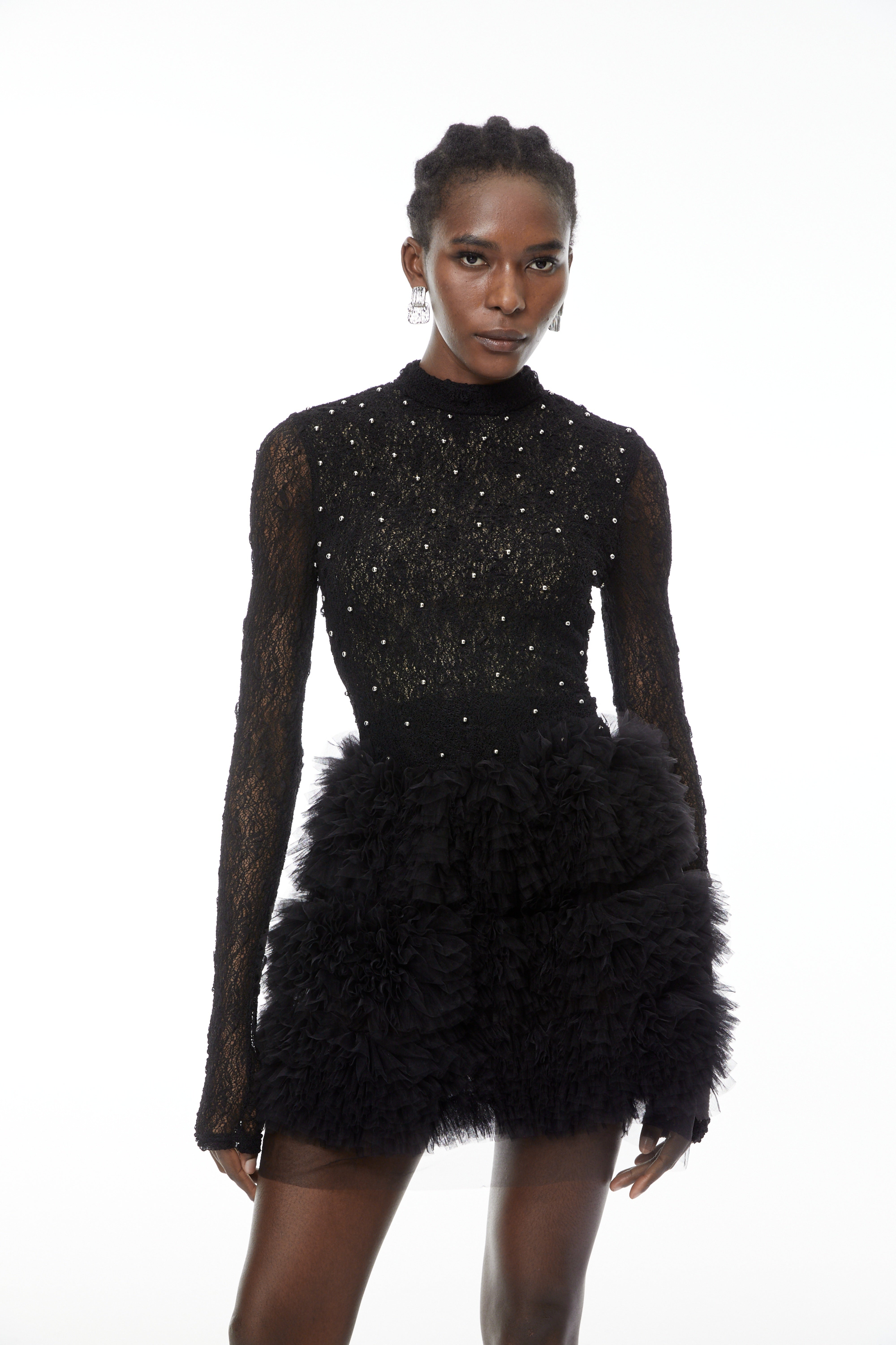 Bernice Black Embellished Tiered Mini Dress