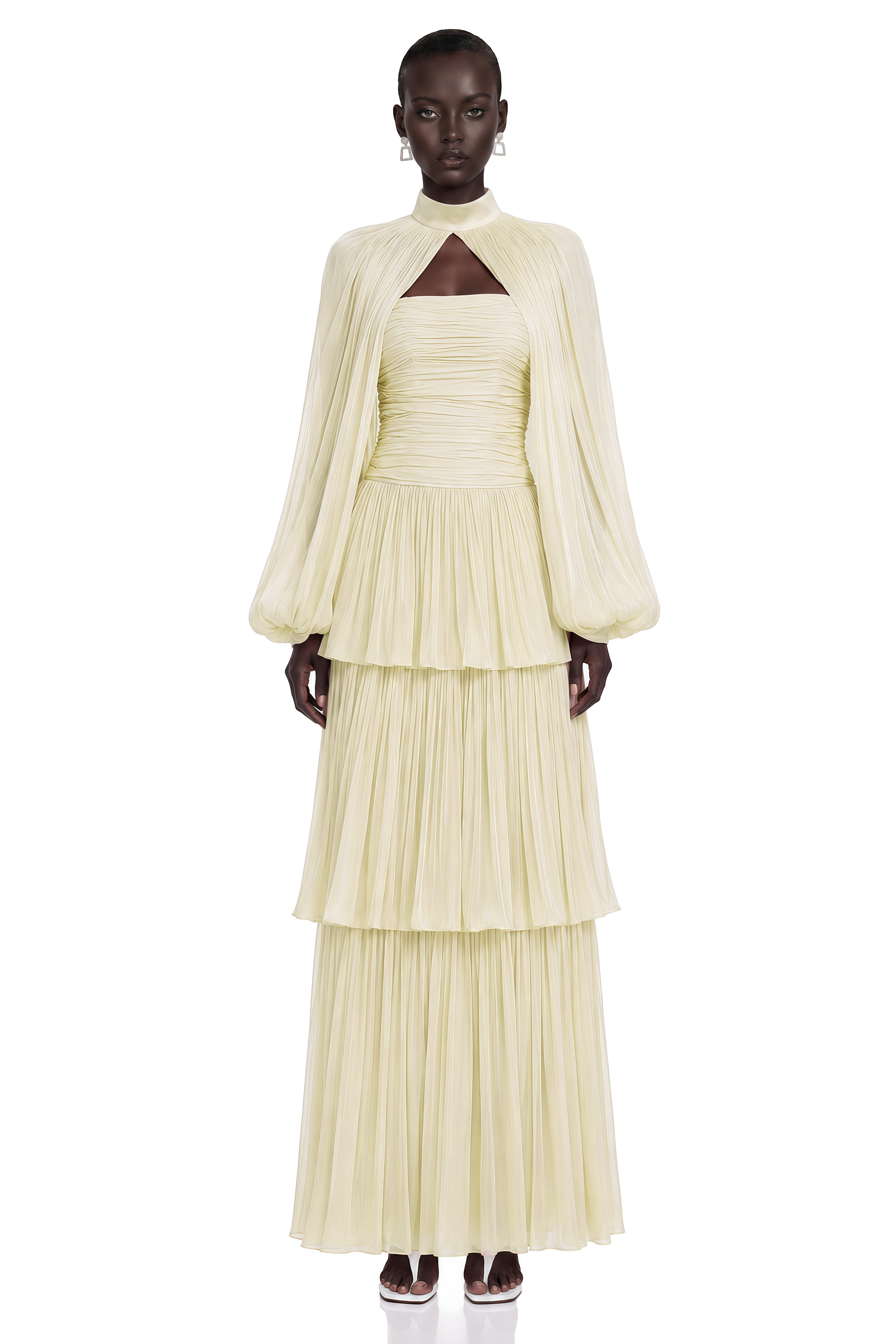 Bernice Yellow Glossy Cape & Tiered Dress Set