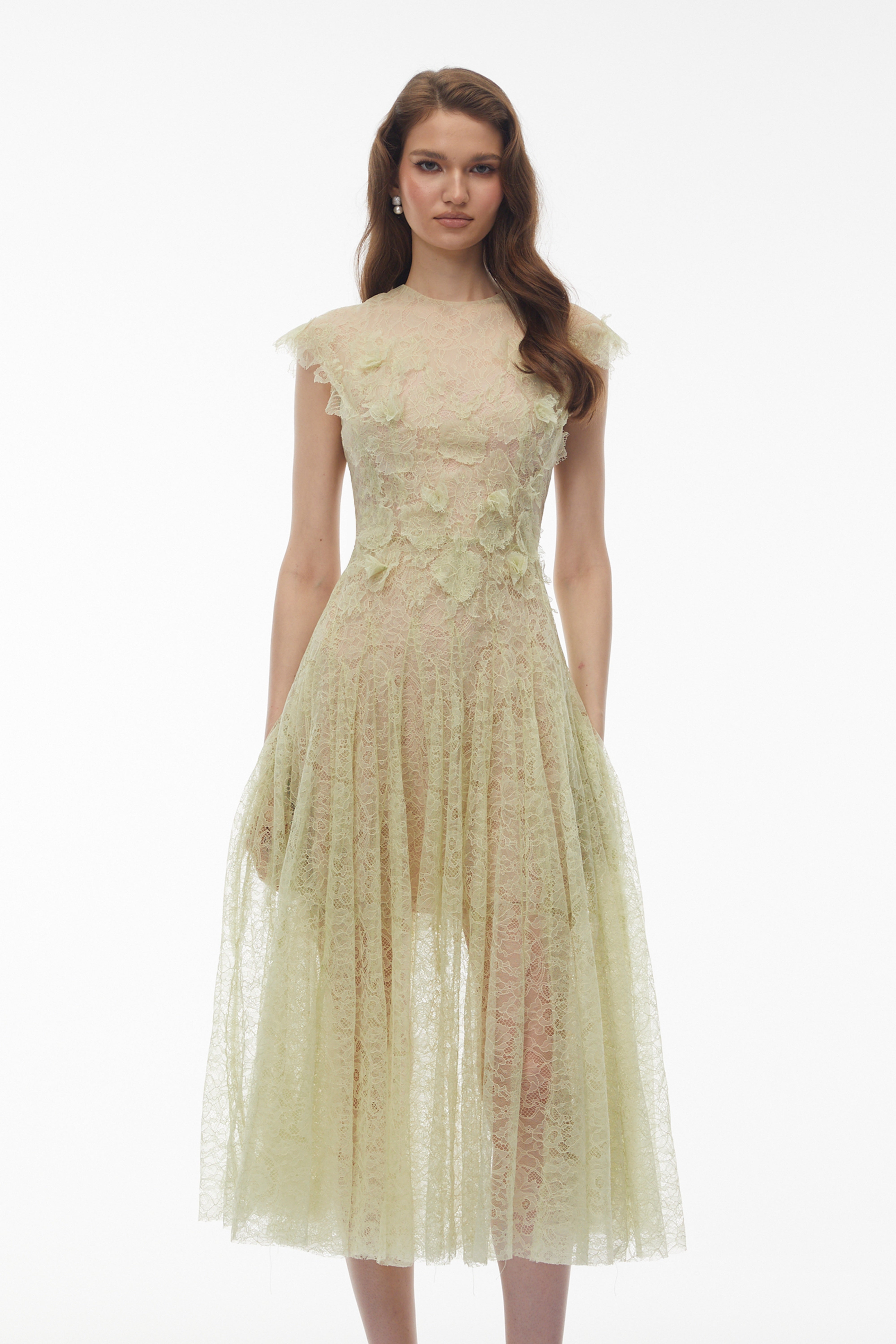 Béryl Green Floral Lace Midi Dress