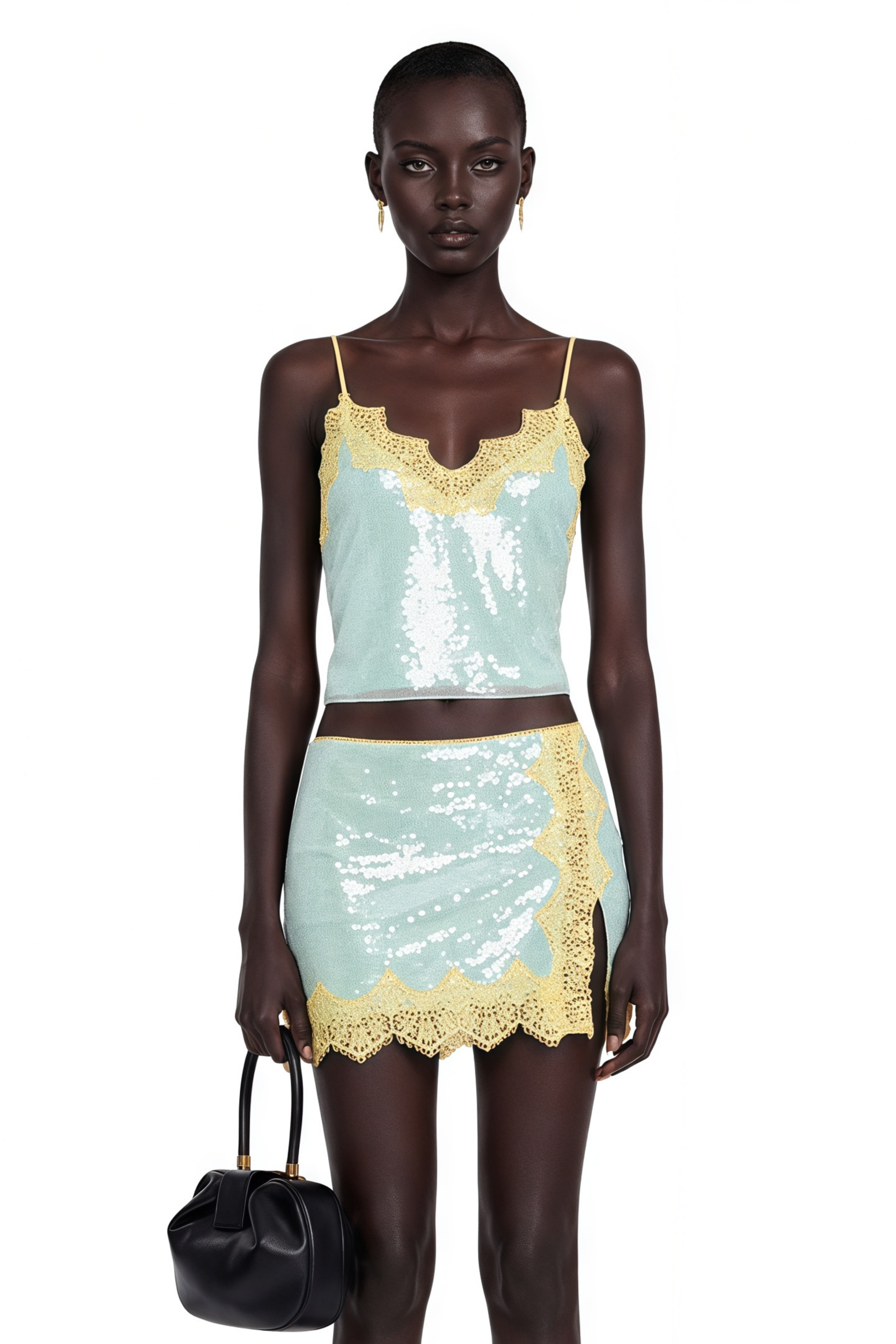 Beryl Green Sequin Top & Slit Skirt Set with Lace