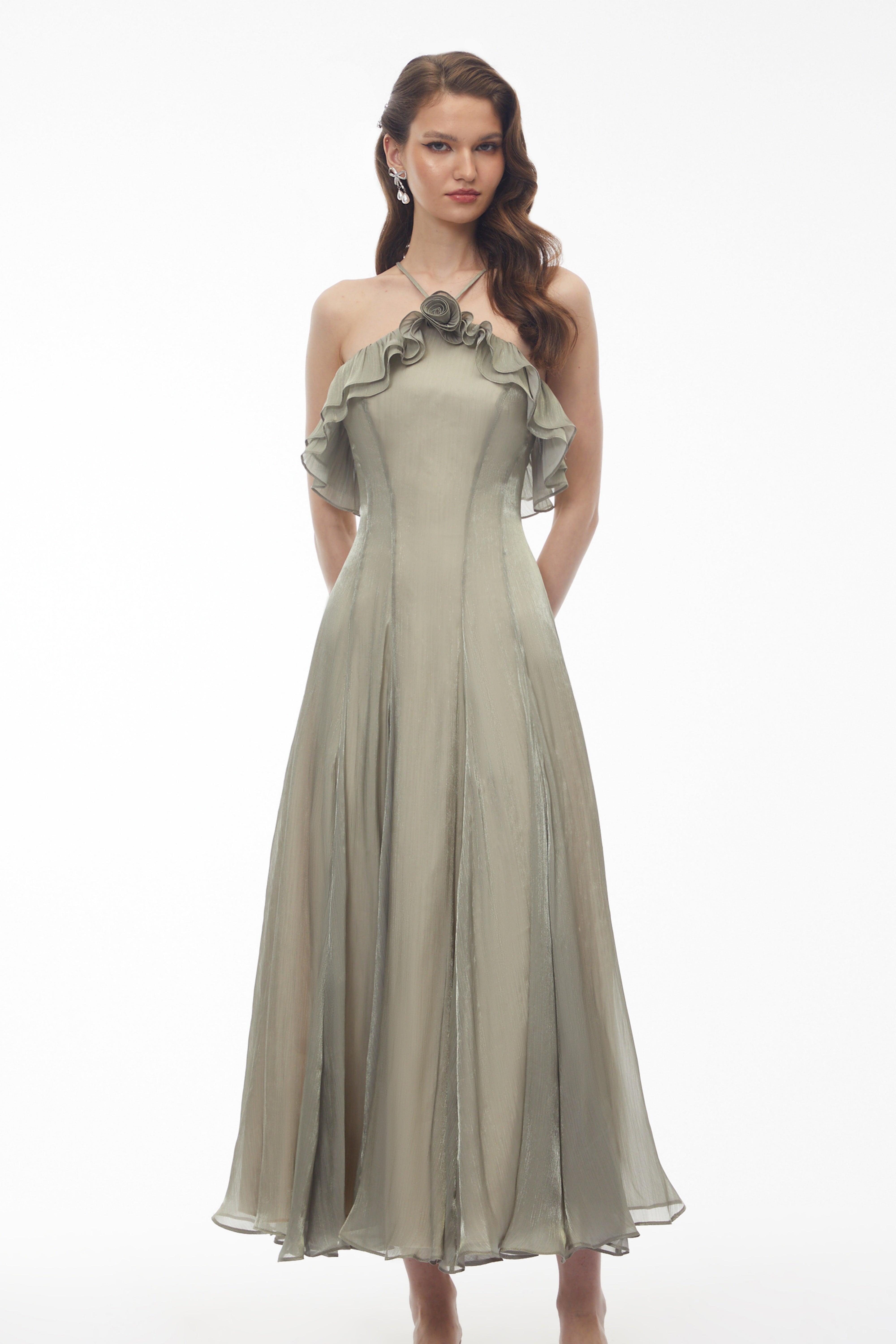 Bianka Green Pleated Maxi Dress with 3D Florals