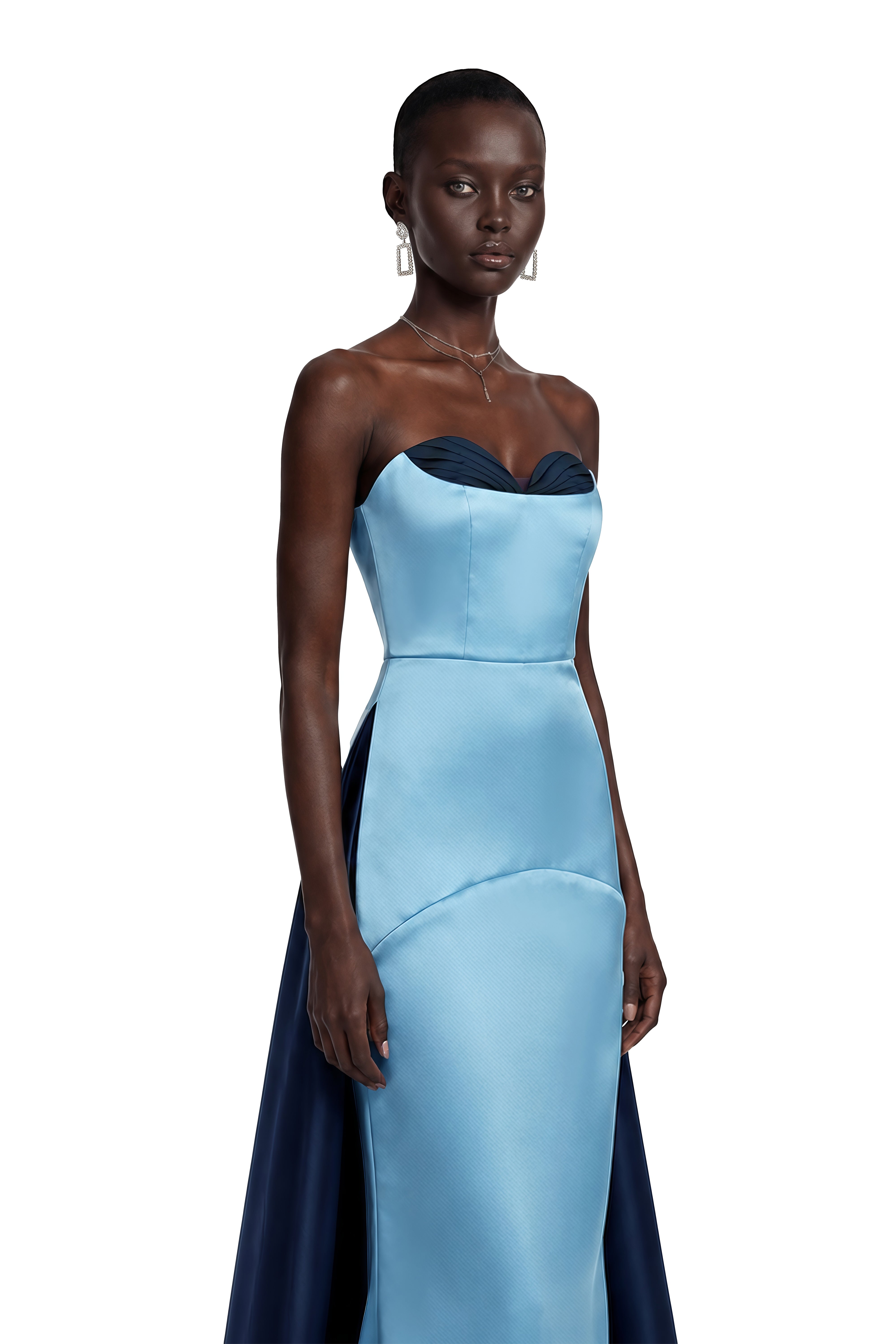 Two-tone light and navy blue strapless satin maxi dress with a sweetheart neckline