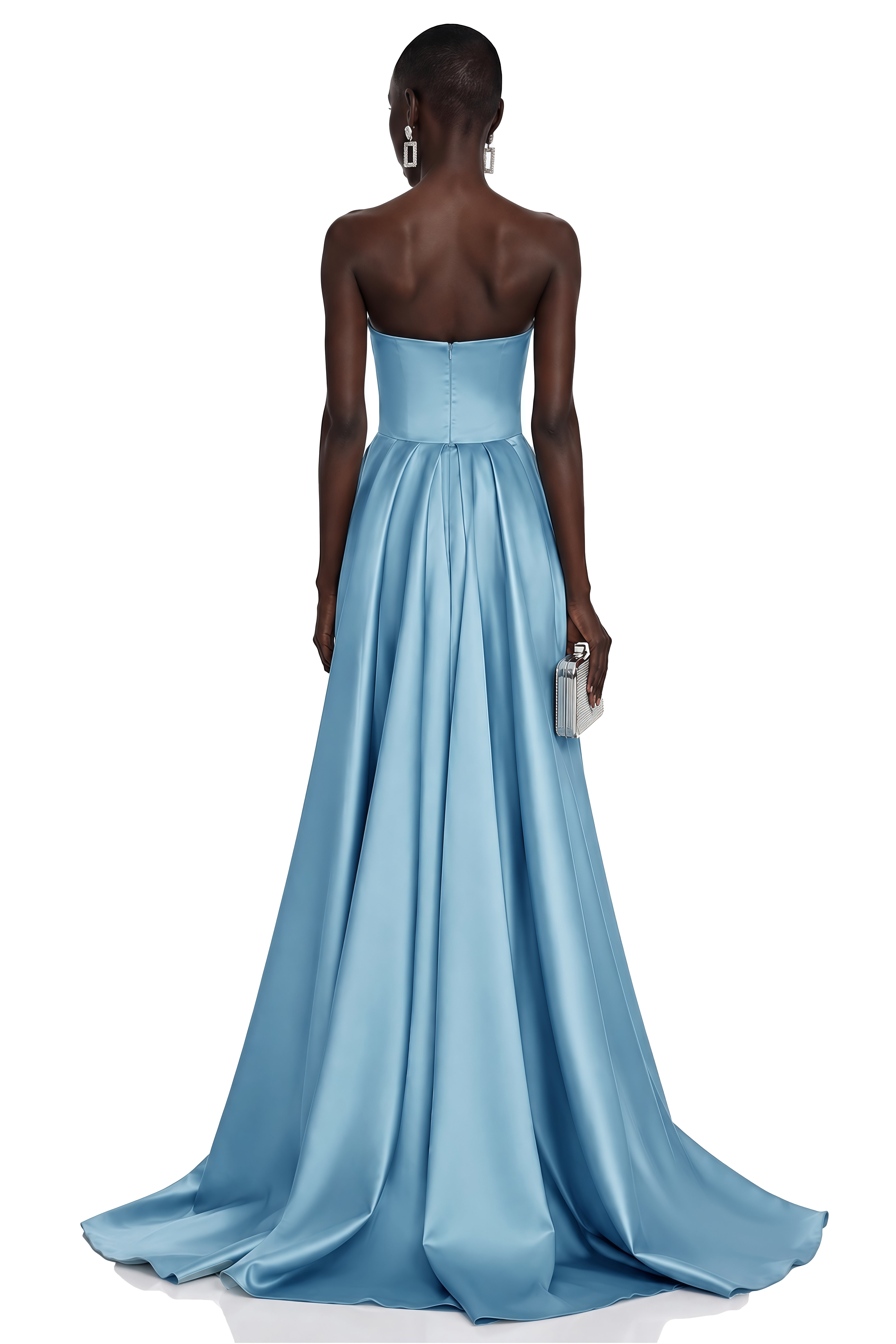 Two-tone light and navy blue strapless satin maxi dress with a sweetheart neckline