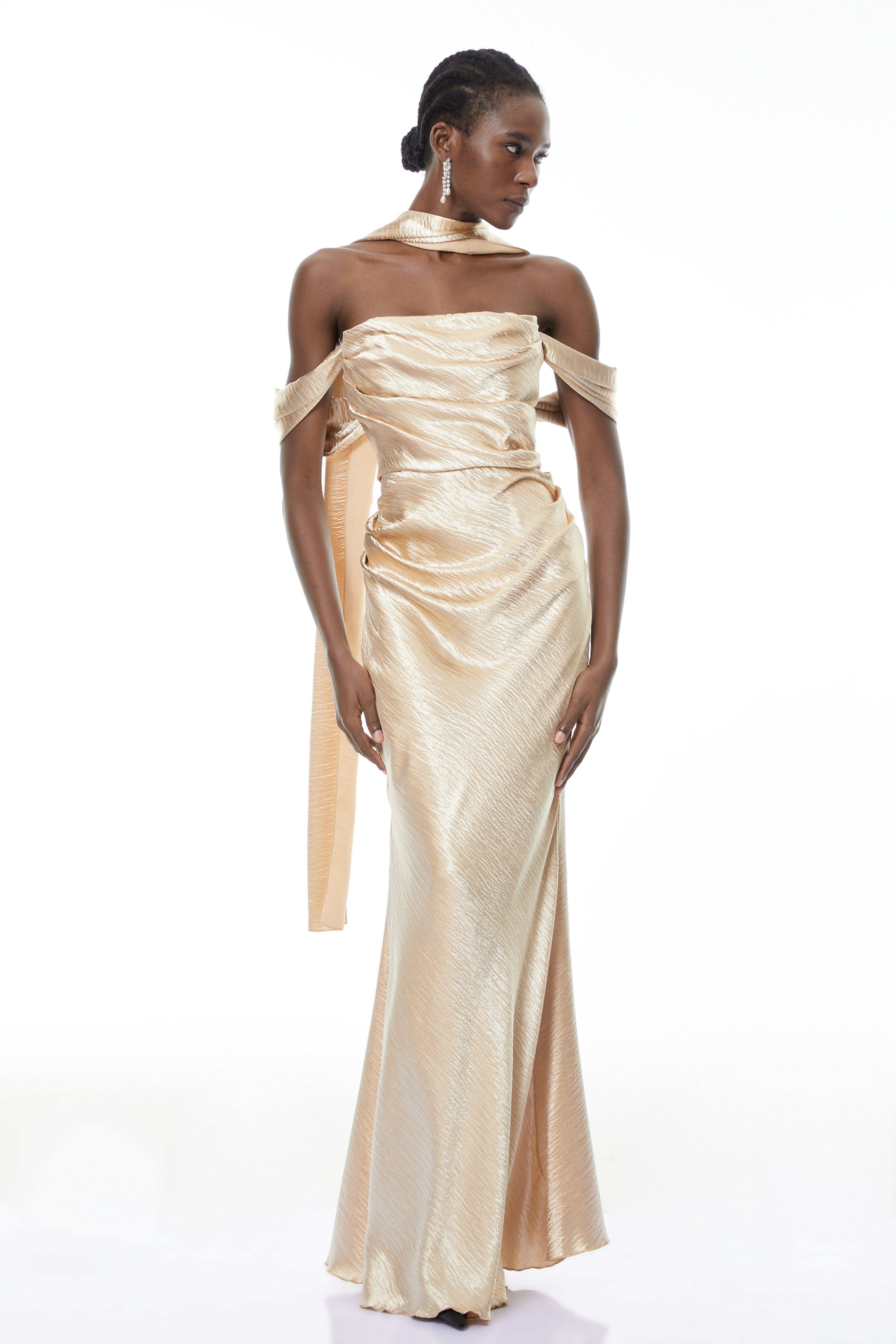 Blanche Gold Off Shoulder Mermaid Maxi Dress
