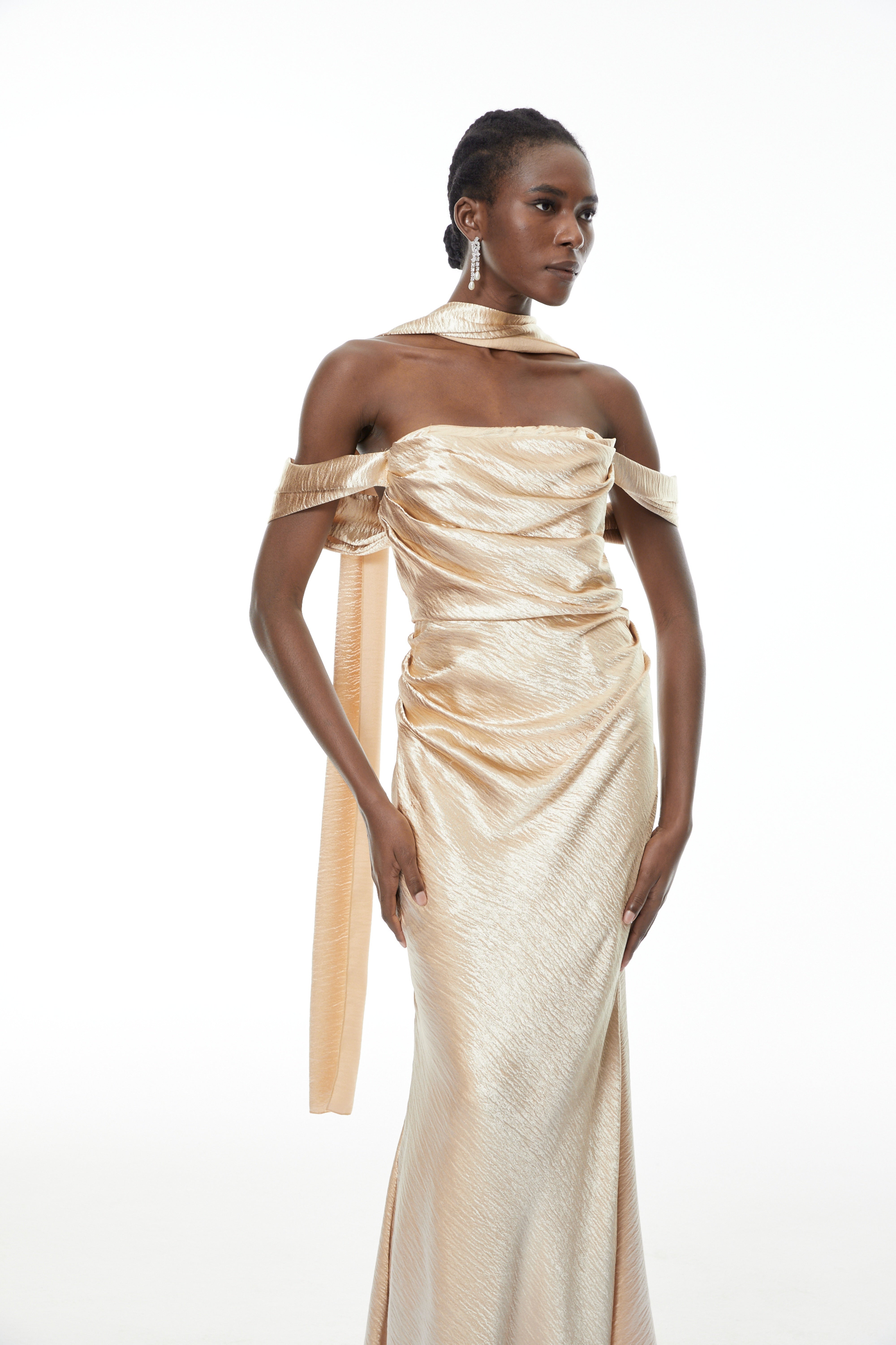 Blanche Gold Off Shoulder Mermaid Maxi Dress