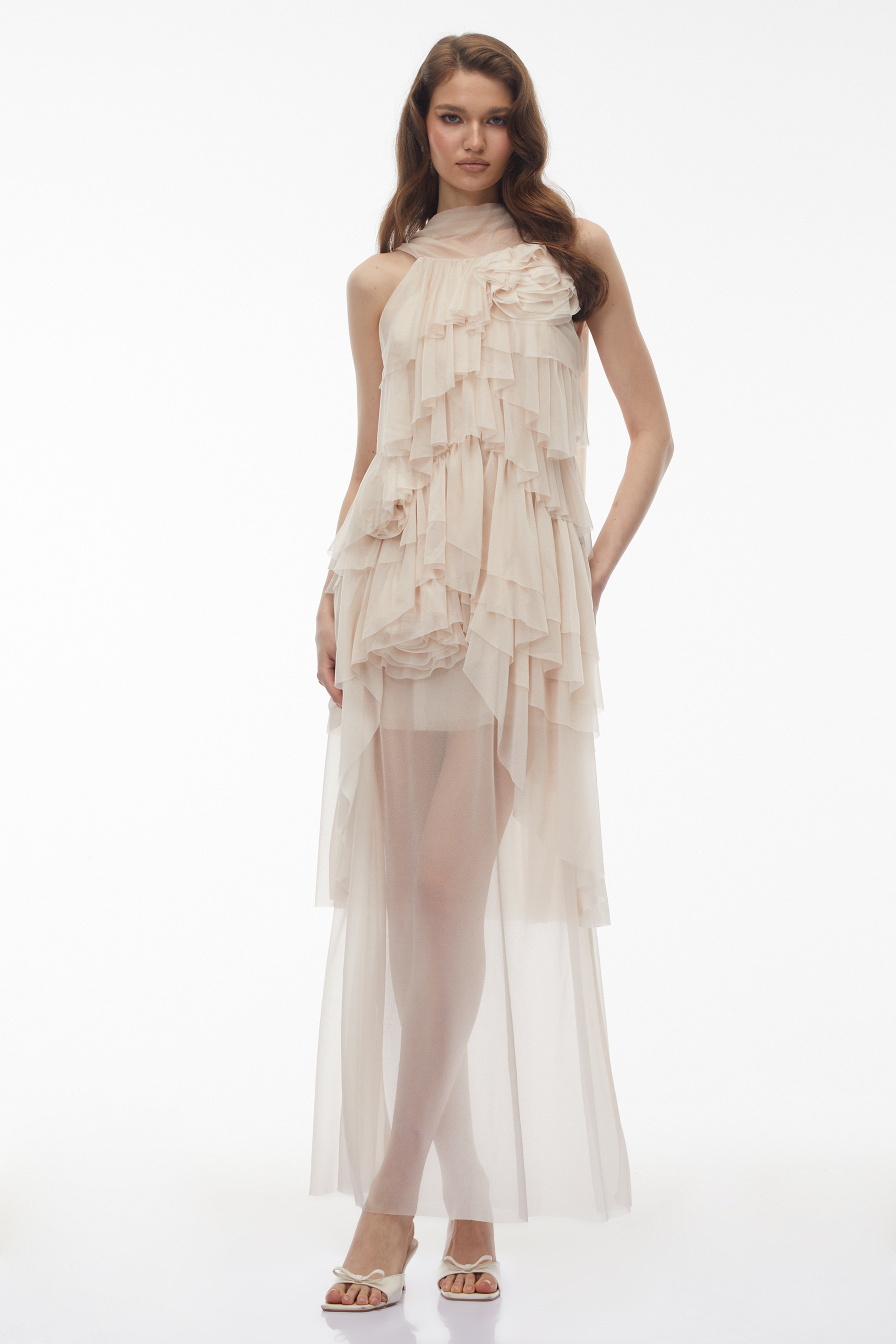 Blanche Neutral Floral Ruffled Maxi Dress